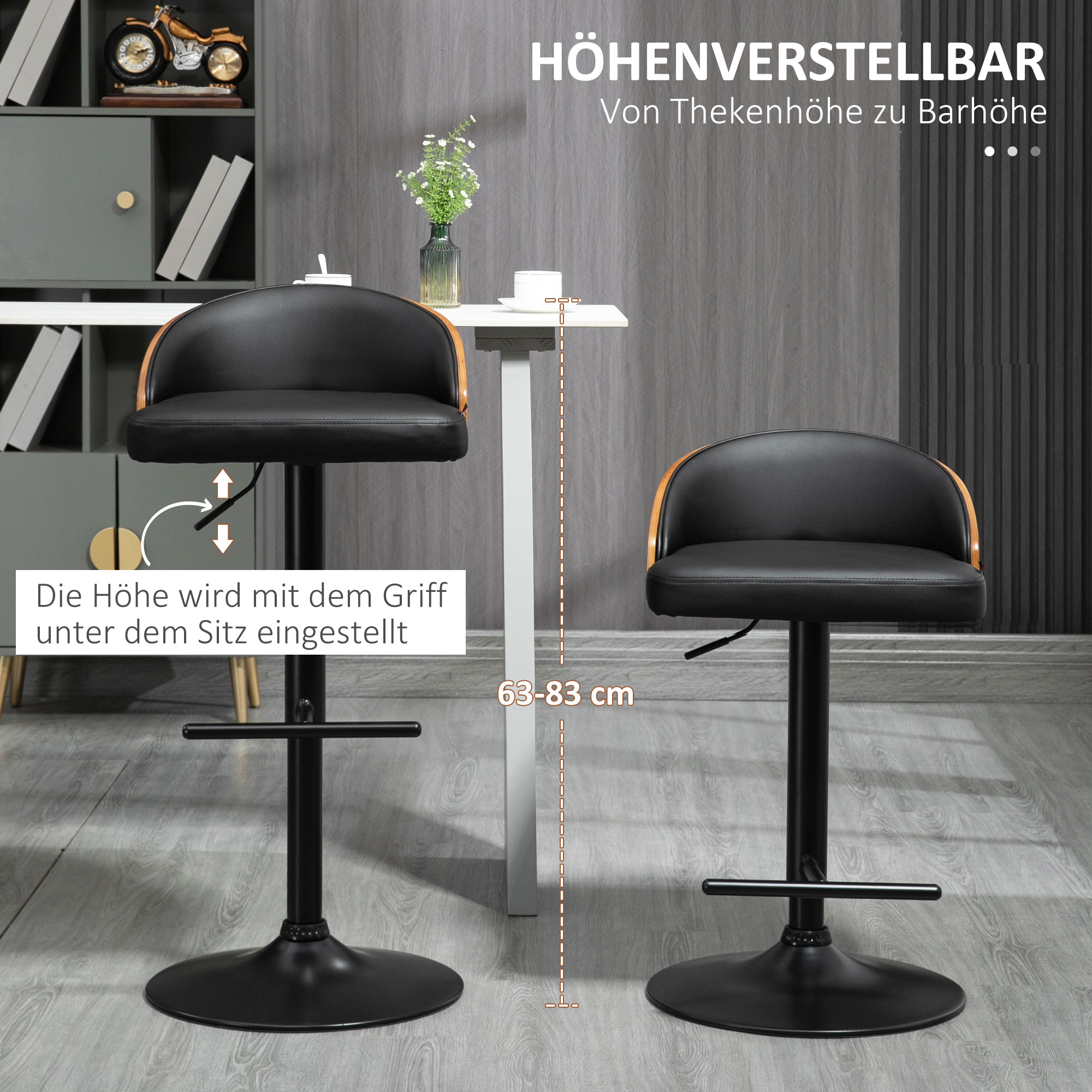 Barhocker 2er Set, Gepolstert Barstuhl aus Stahl und Massivholz, Höhenverstellbar Küchenstühle mit Fußstütze, 360° Drehbar, Tresenhocker für Küche, Wohnzimmer, Esszimmer, Schwarz+Kaffee