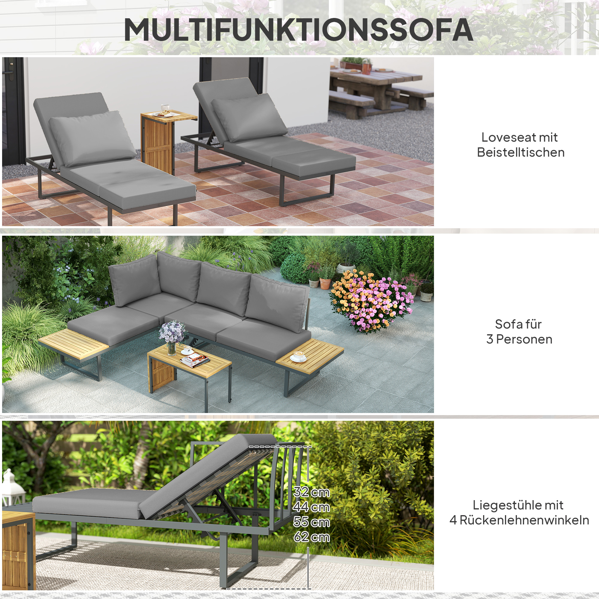 Außenmöbel-Set, auf 6 Sitze erweiterbar, L-förmige Outdoor-Sitzecke mit Tischen, Stahlrahmen, verstellbare Lehnen, Grau
