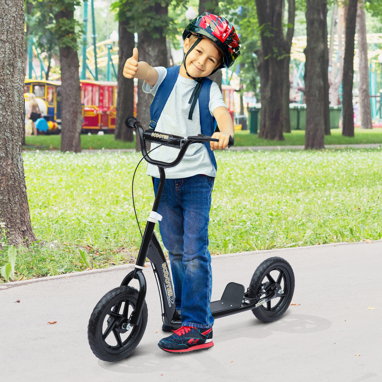 Kinderroller mit Hinterbremse Kickscooter 12 Zoll Tretroller Roller Scooter Cityroller für Kinder Kickboard Höhenverstellbar Stahl EVA Schwarz 120 x 52 x 80-88 cm