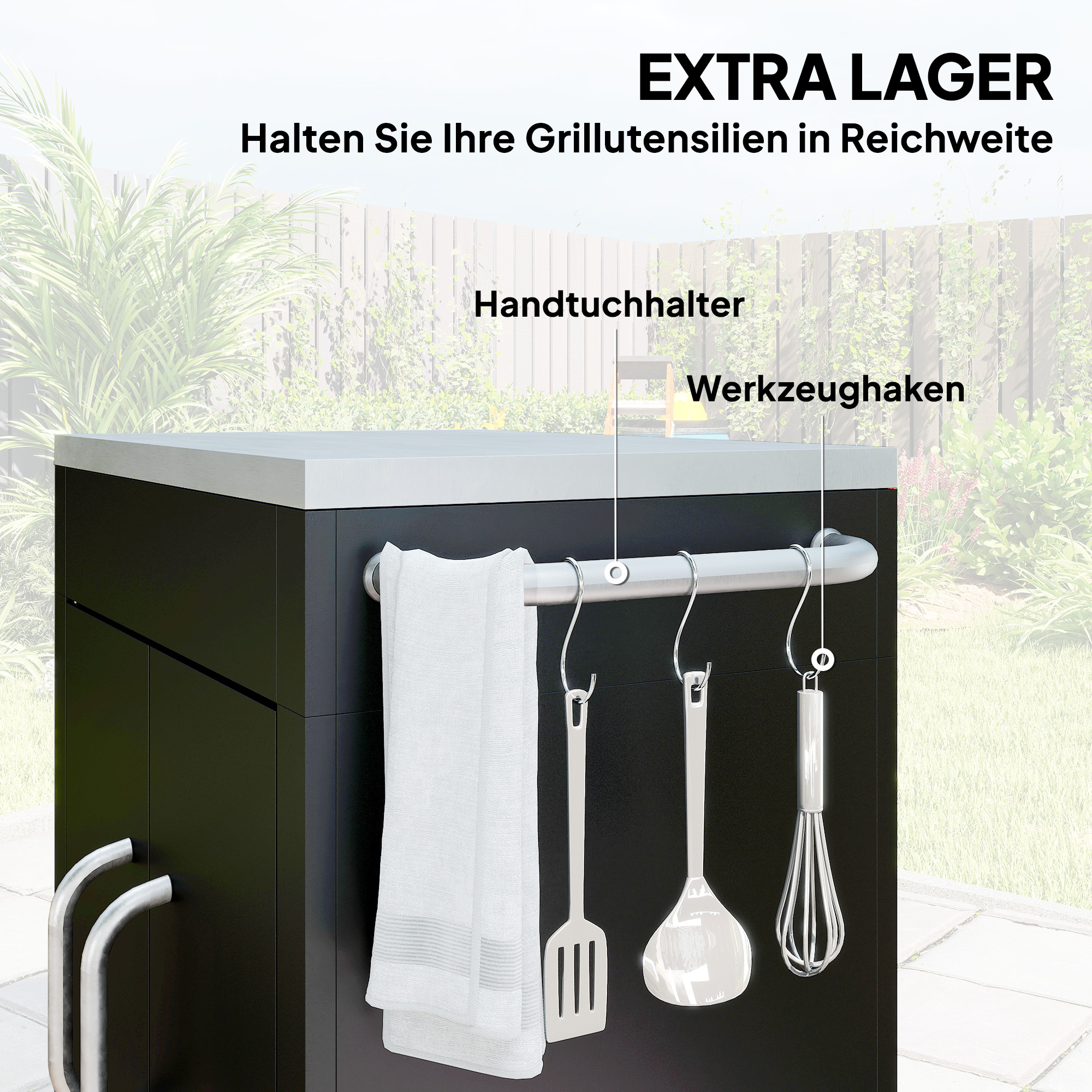 Küchenwagen mit Rollen, Servierwagen, Rollwagen mit Schrank, Haken und Edelstahlgriffe, Küchenhilfe, BBQ Grilltisch aus Edelstahl Küchentrolley, 86 x 50 x 86,5 cm Schwarz