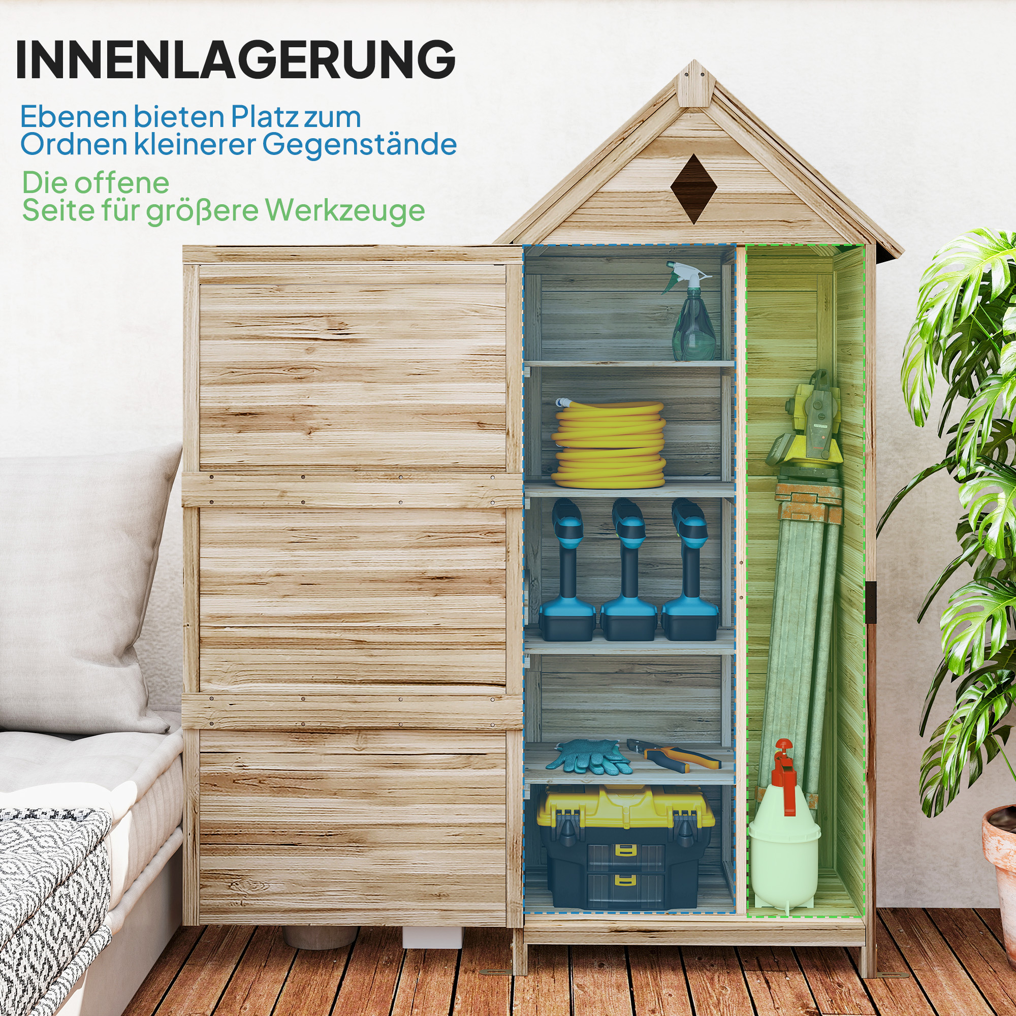 Gartenschuppen mit 4 Regalen, Lagerschuppen aus Holz, wasserdichtes Asphalt-Dach, 80 x 49 x 170 cm, Hellbraun
