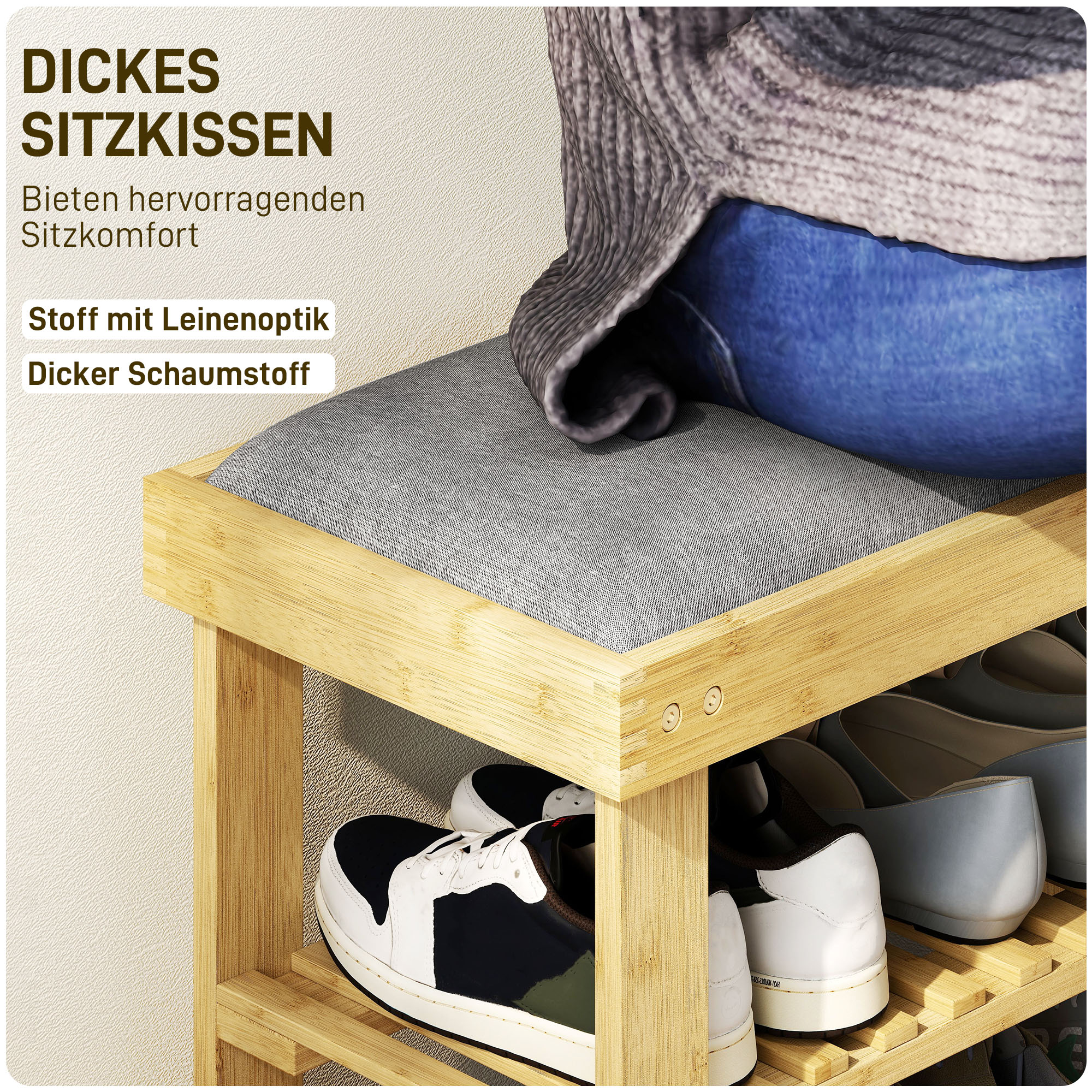 Schuhbank mit Sitzfläche, Bambus Sitzbank mit Stauraum, 2 offene Fächer, Sitzbank 60 x 29 x 49 cm Grau