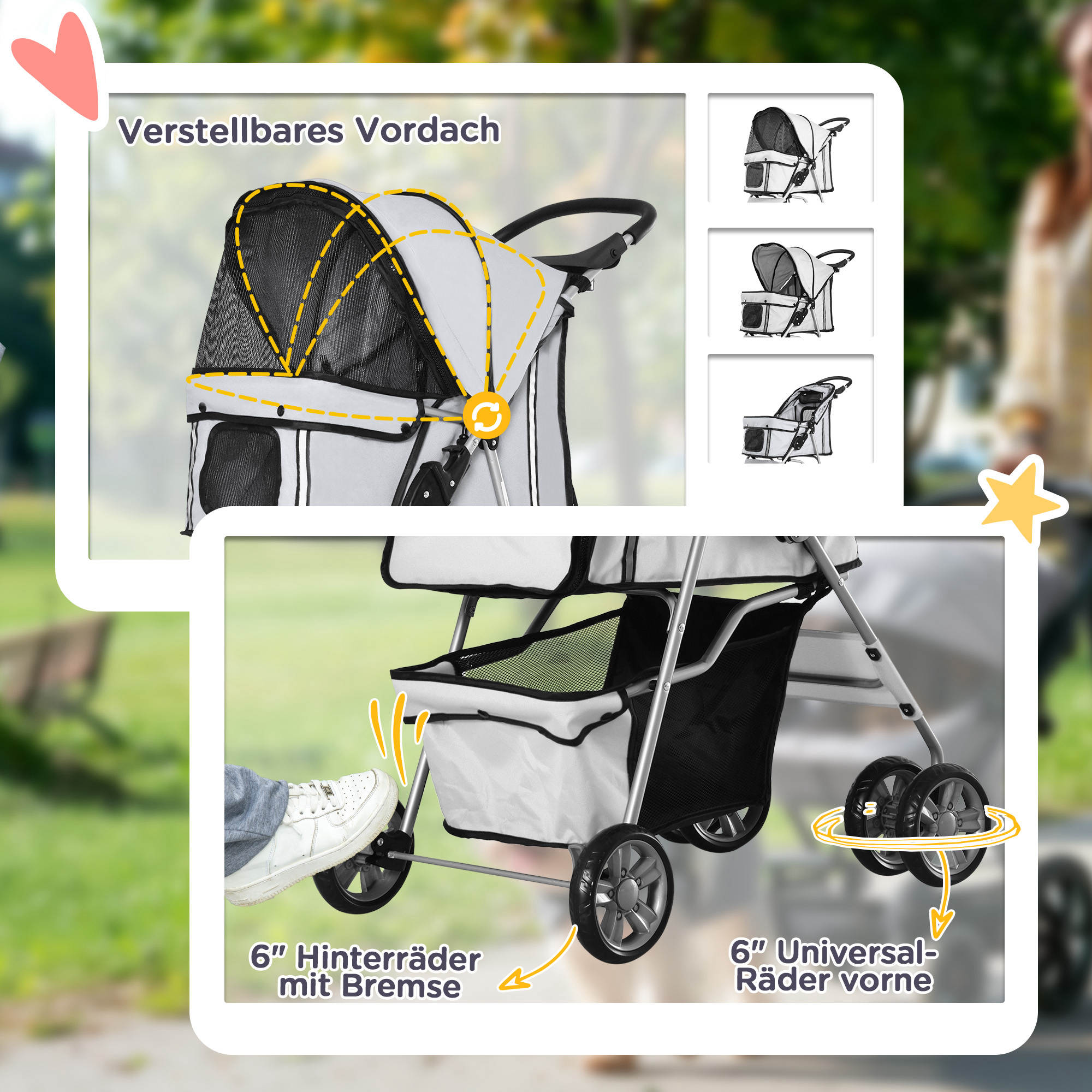 Hundewagen Hundebuggy bis 10 kg Klappbar verstellbares Vordach 2 Becherhalter Sonnendach Silber
