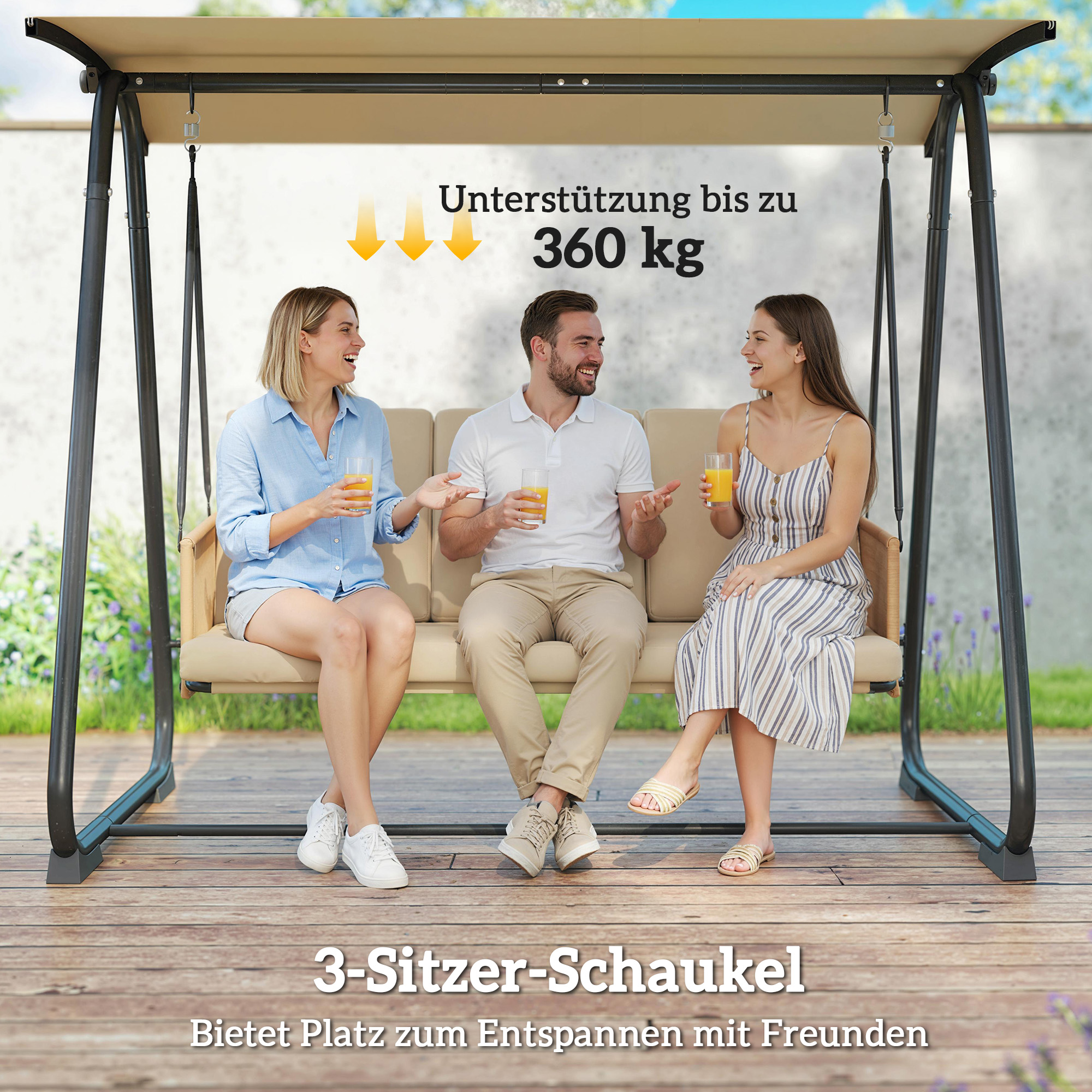Hollywoodschaukel, 3-Sitzer Gartenschaukel mit verstellbar Sonnendach abnehmbar atmungsaktiv Sitzauflage