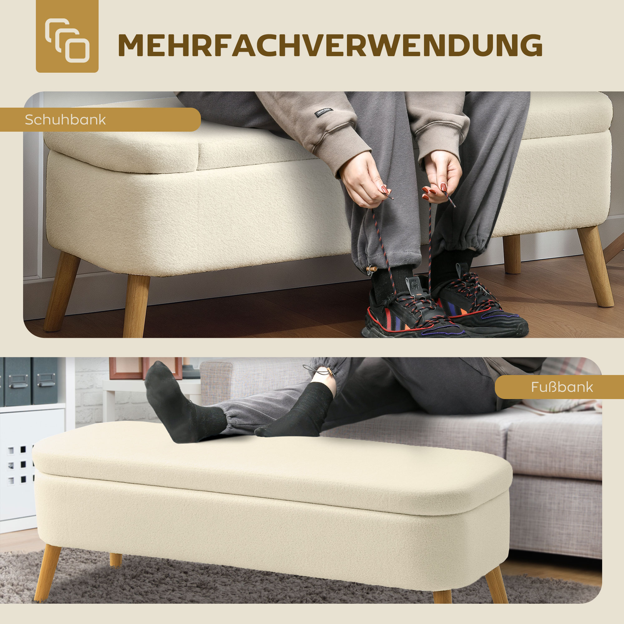 Aufbewahrungsbank, Sitzbank mit 65 L Stauraum, Teddy-Fleece-Stoff, Kautschukholz, 120 x 42 x 45 cm, Beige
