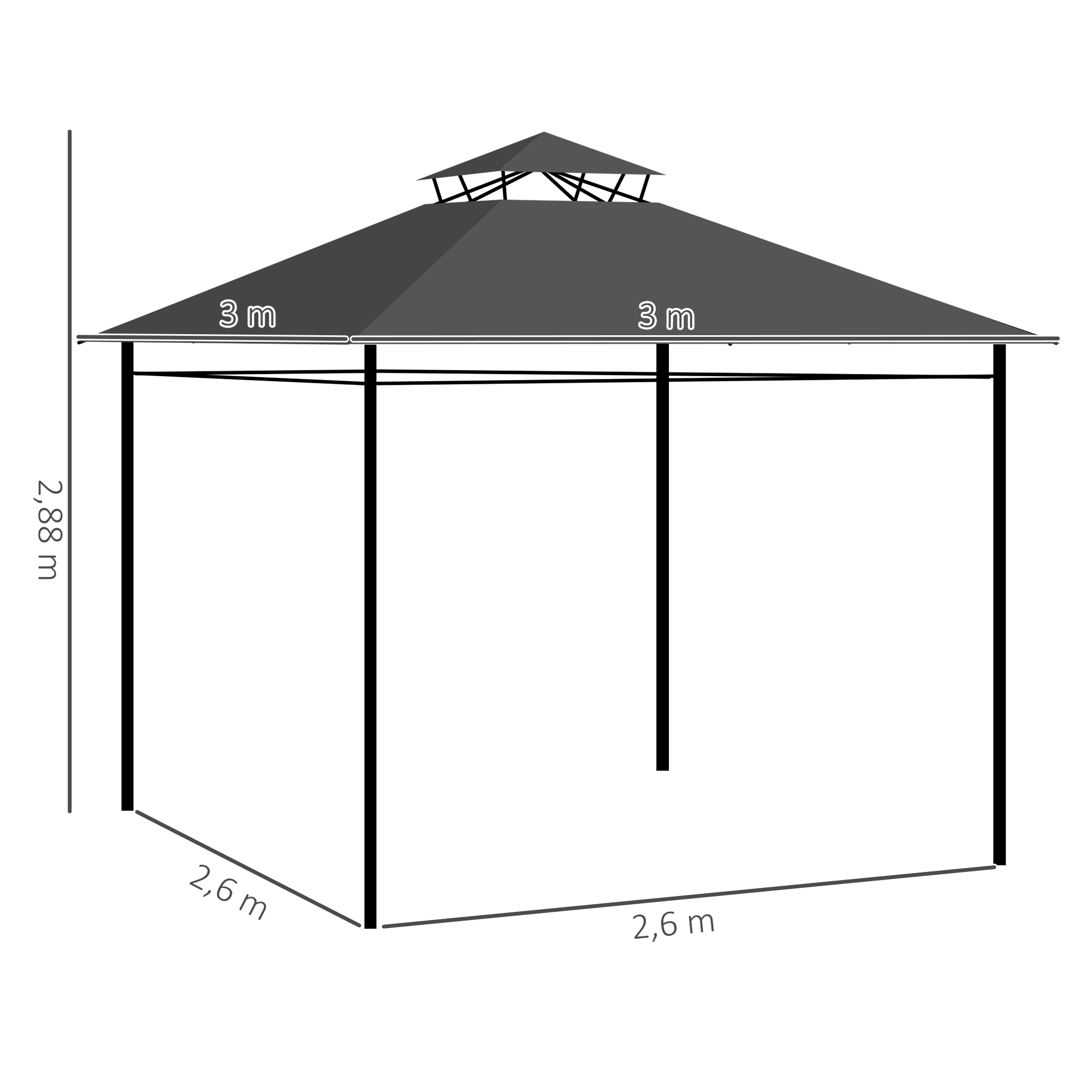 Pavillon Partyzelt Gartenpavillon, 3 x 3 x 2, 88 m, Dunkelgrau