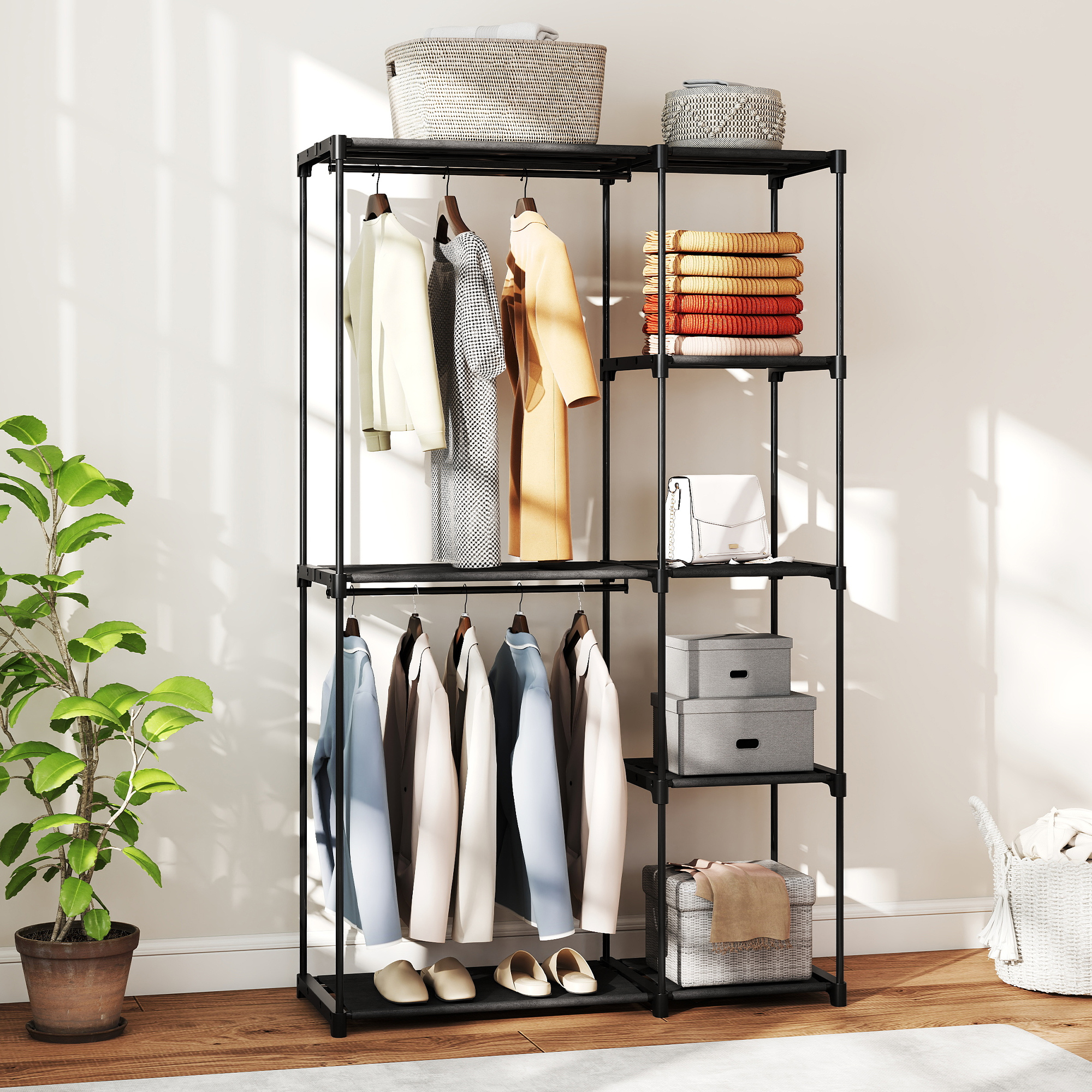 Stoffschrank Kleiderschrank mit Kleiderstange, Ablagen, für Schlafzimmer, Ankleidezimmer, 111 x 43 x 185 cm, Schwarz