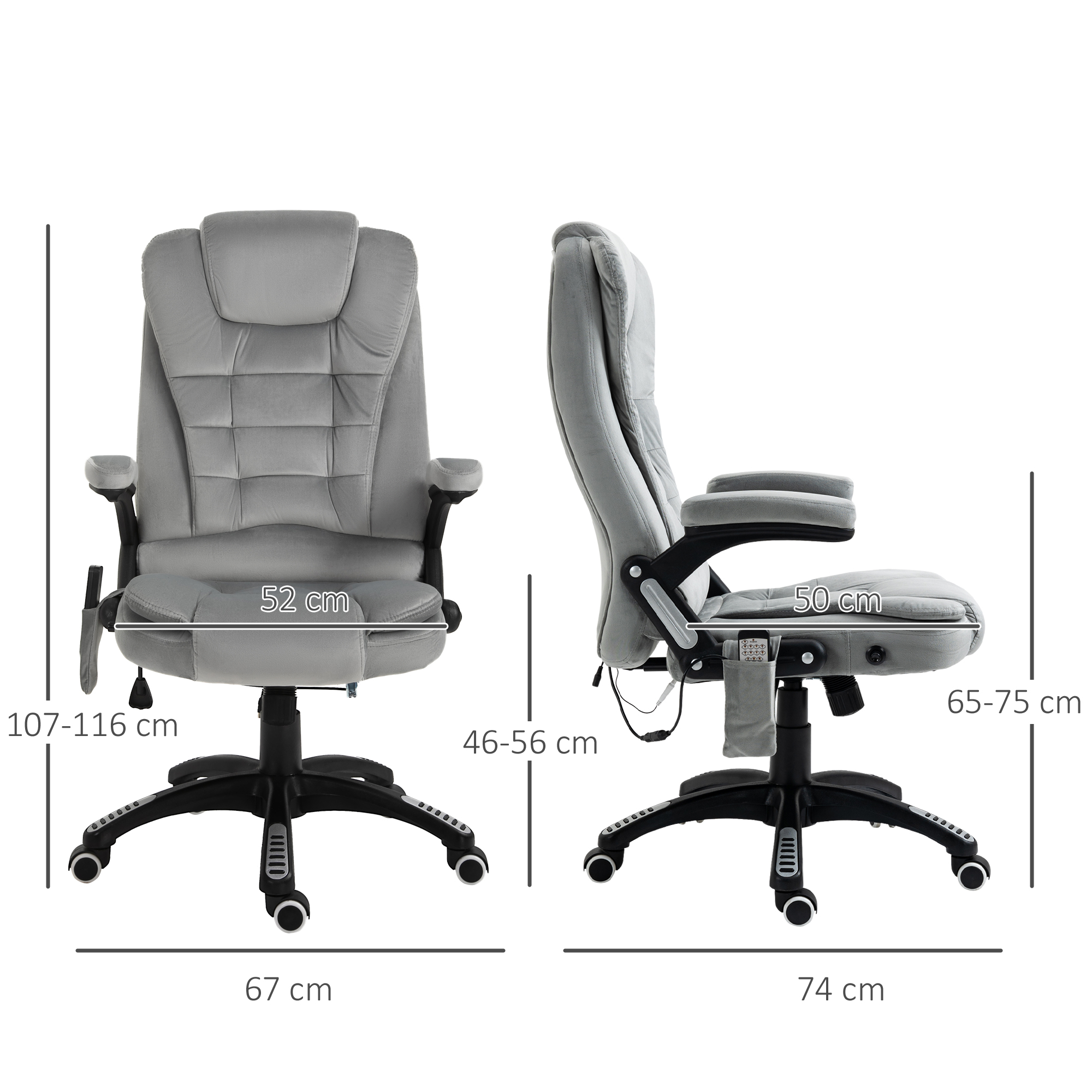 Bürostuhl mit Massagefunktion Ergonomischer Chefsessel mit Heizfunktion, Liegefunktion, Wippfunktion Höhenverstellbar 360° Drehbar Computerstuhl mit Seitentasche, Samtoptik, Grau