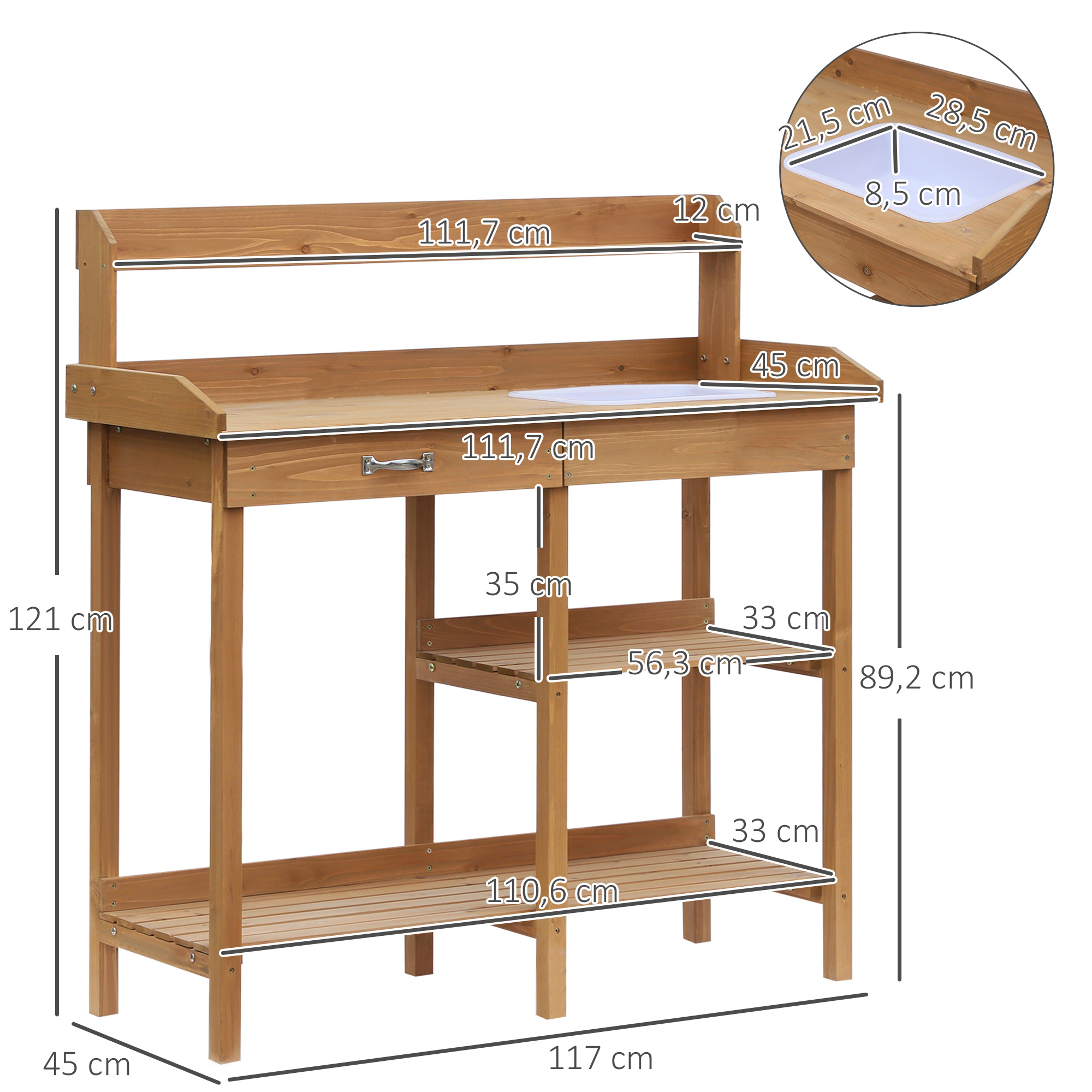 Pflanztisch Gärtnertisch Blumentisch mit Wanne Garten Tannenholz Natur 117 x 45 x 121 cm