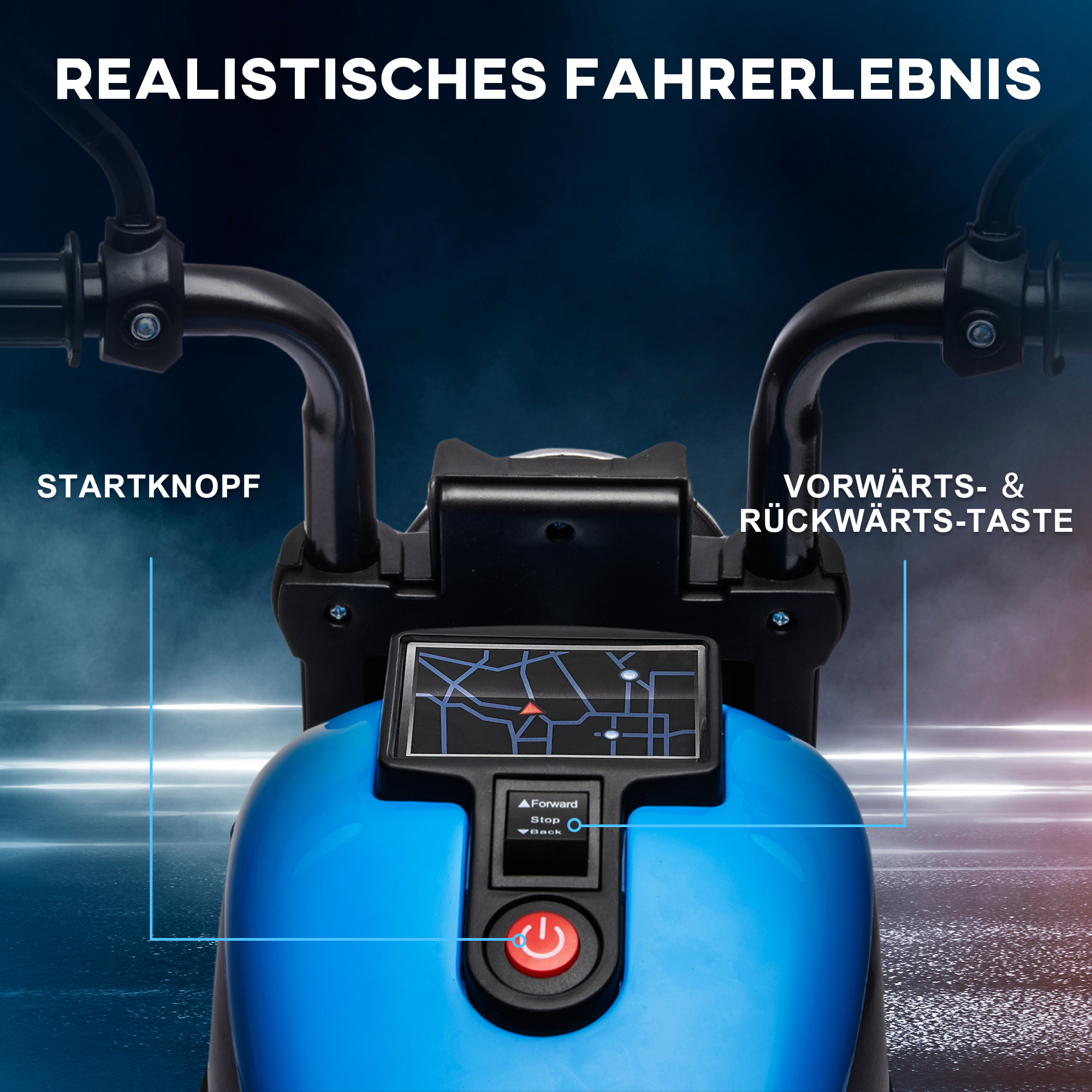 Kindermotorrad, Kinderfahrzeug, mit Scheinwerfer, 3 km/h, Blau + Schwarz