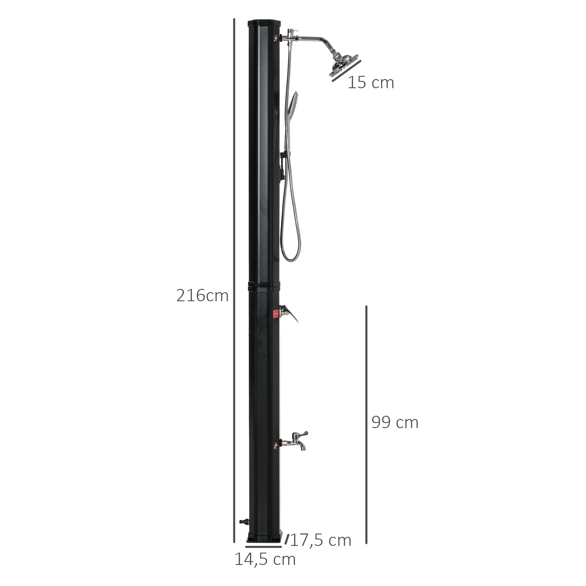 Solardusche 35 Liter 0-55 ? warmes Wasser Camping Pooldusche mit Wasserhahn und Regenduschkopf Schwarz 17,5 x 14,5 x 216 cm