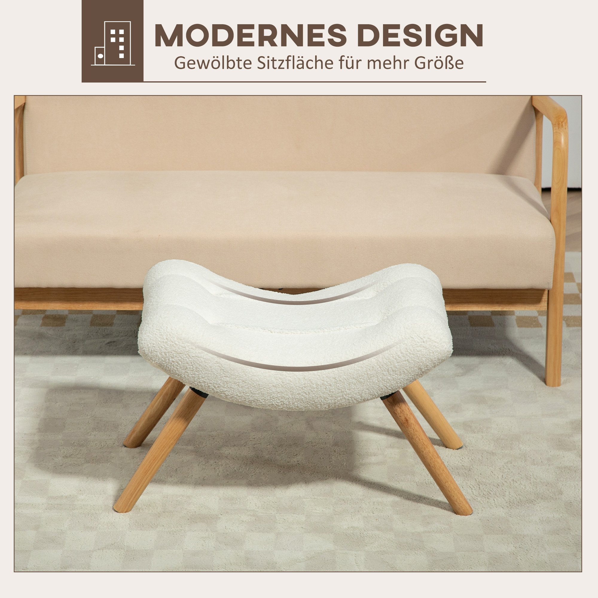 Moderner Fußhocker mit Fleece-Bezug und Holzbeinen, gepolstert, für Wohnzimmer, Schlafzimmer, Flur, Cremeweiß