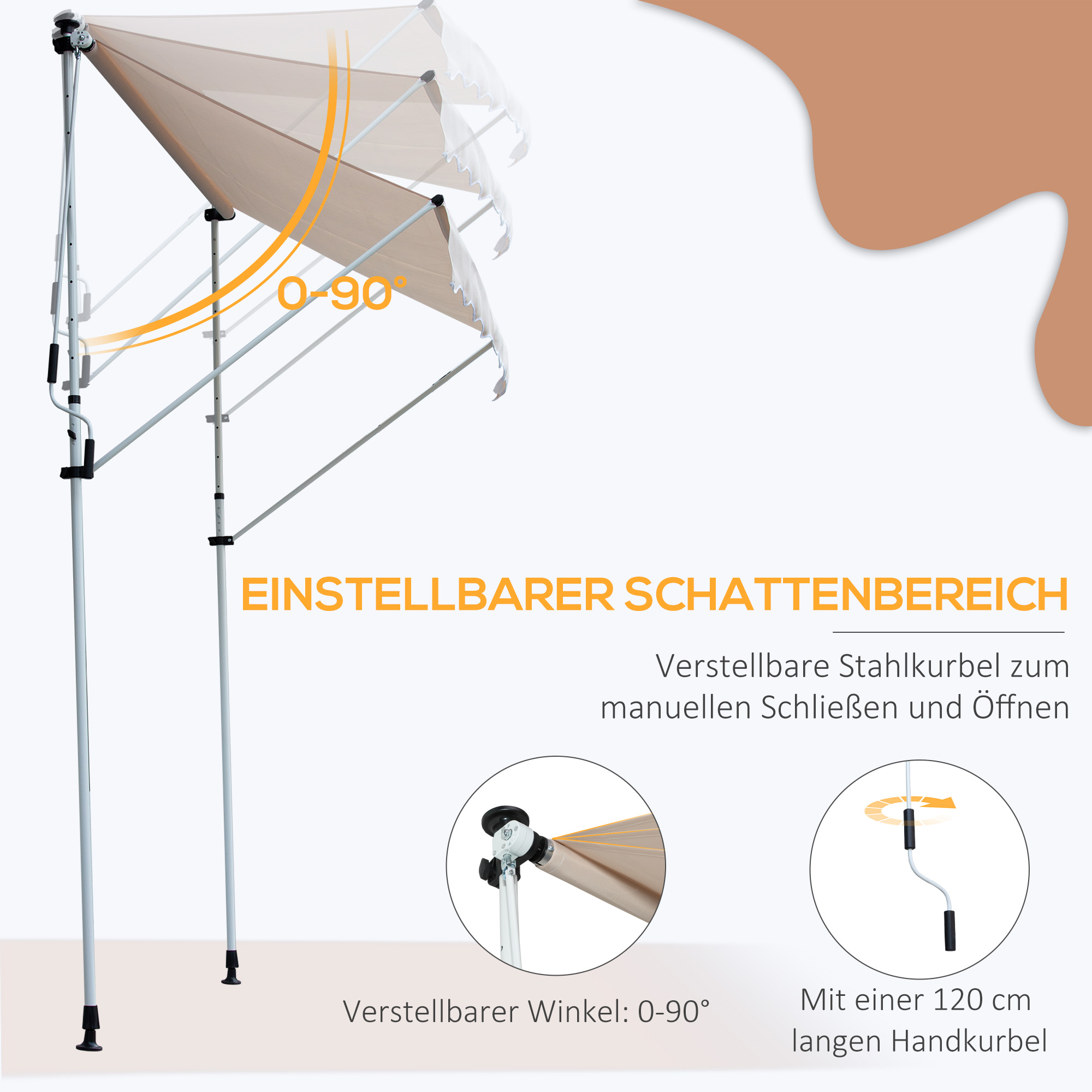 Klemmmarkise mit Handkurbel höhenverstellbar Gelenkarmmarkise schmutzabweisend, witterungsbeständig Balkonmarkise 150cm breit Terrassenmarkise für Terrasse Balkon Veranda Cremeweiß