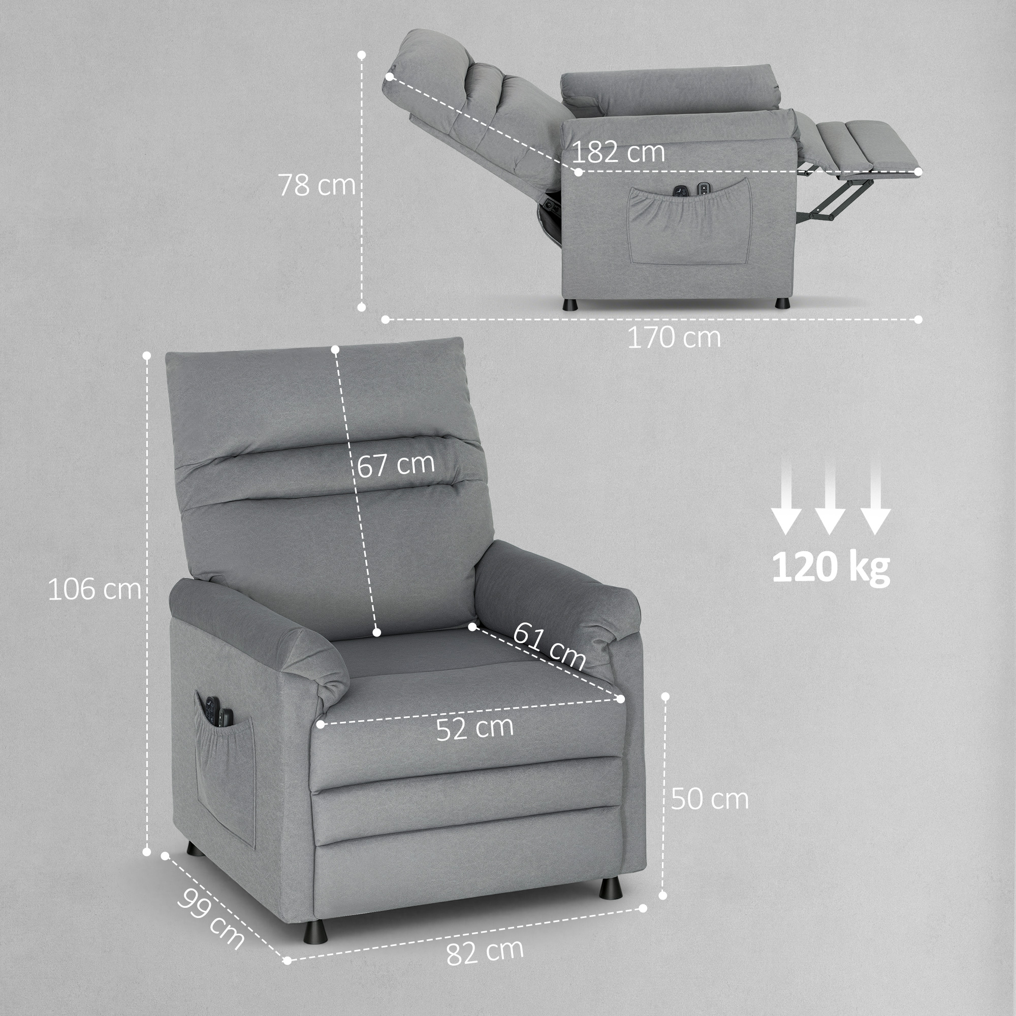 Relaxsessel, Fernsehsessel mit Liegefunktion, Lendenheizung, 2 Fernbedienungen, USB-Anschluss, Leisem Motor, Grau