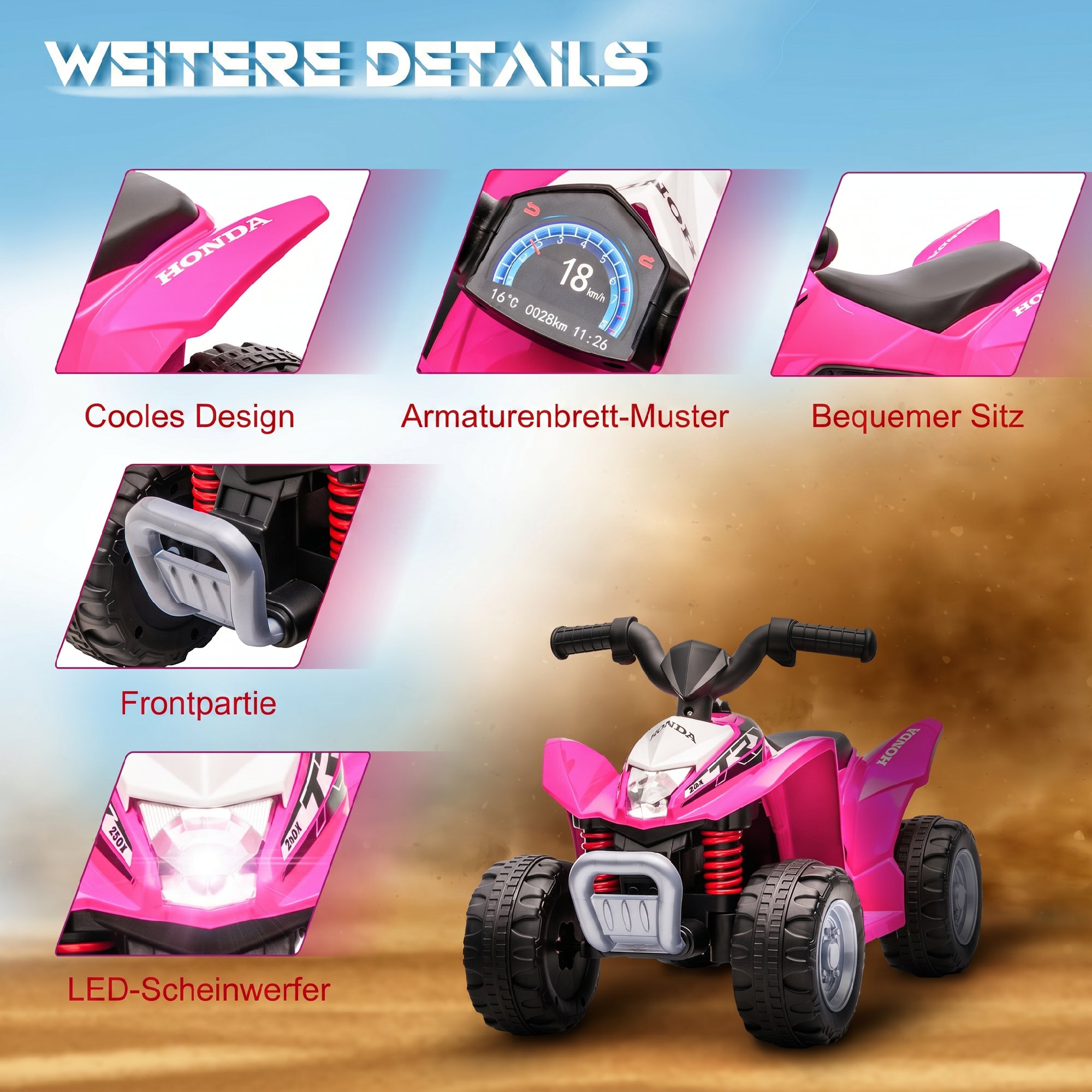 Elektro-Kinderquad, LED-Licht, Hupe, breite Reifen, bequemer Sitz, rutschfeste Griffe, Rosa