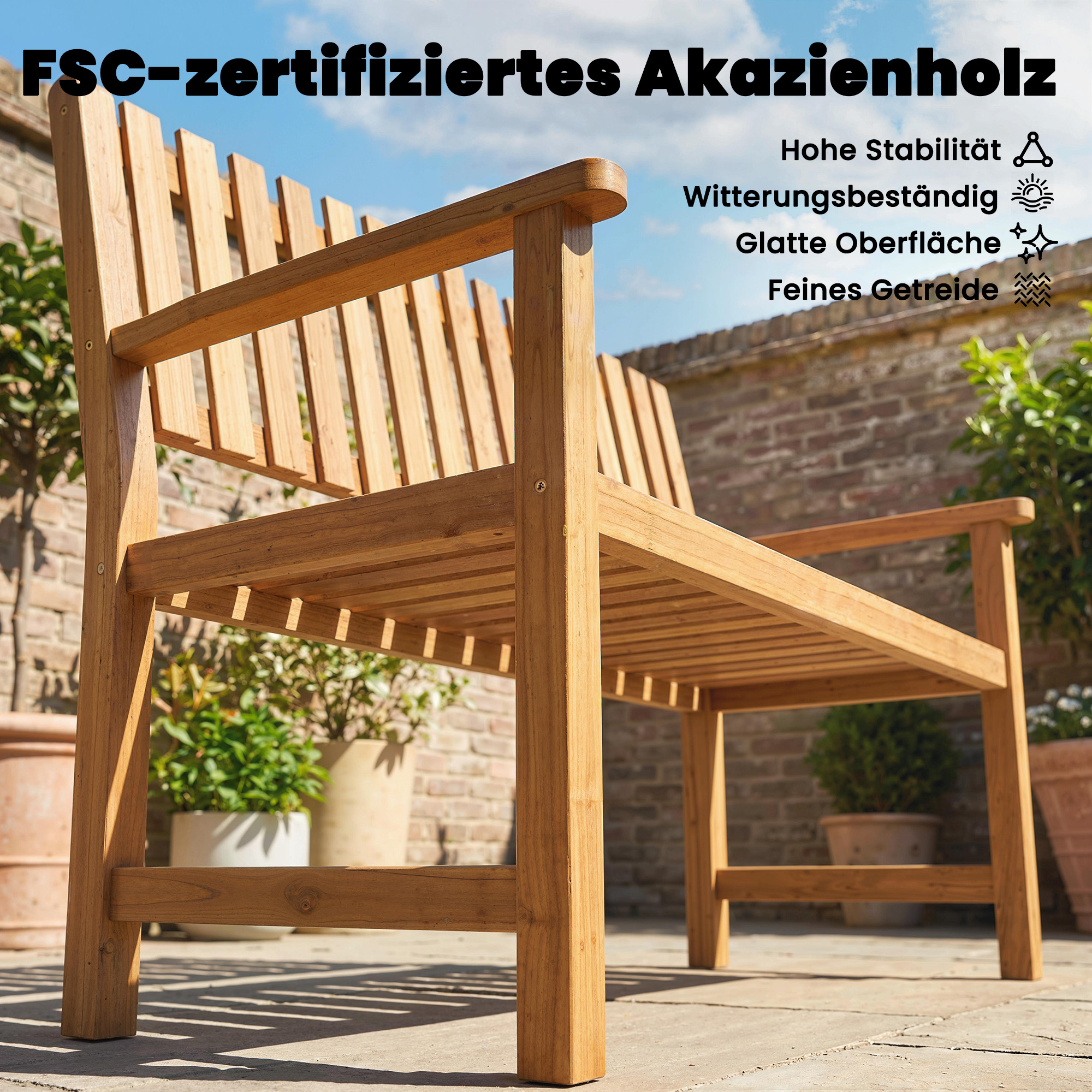 Gartenbank 2-Sitzer Wetterfest Holzbank mit Lamelldesign Armlehnen, Holz Sitzbank bis 320 kg 112 x 64 x 92 cm Naturholz
