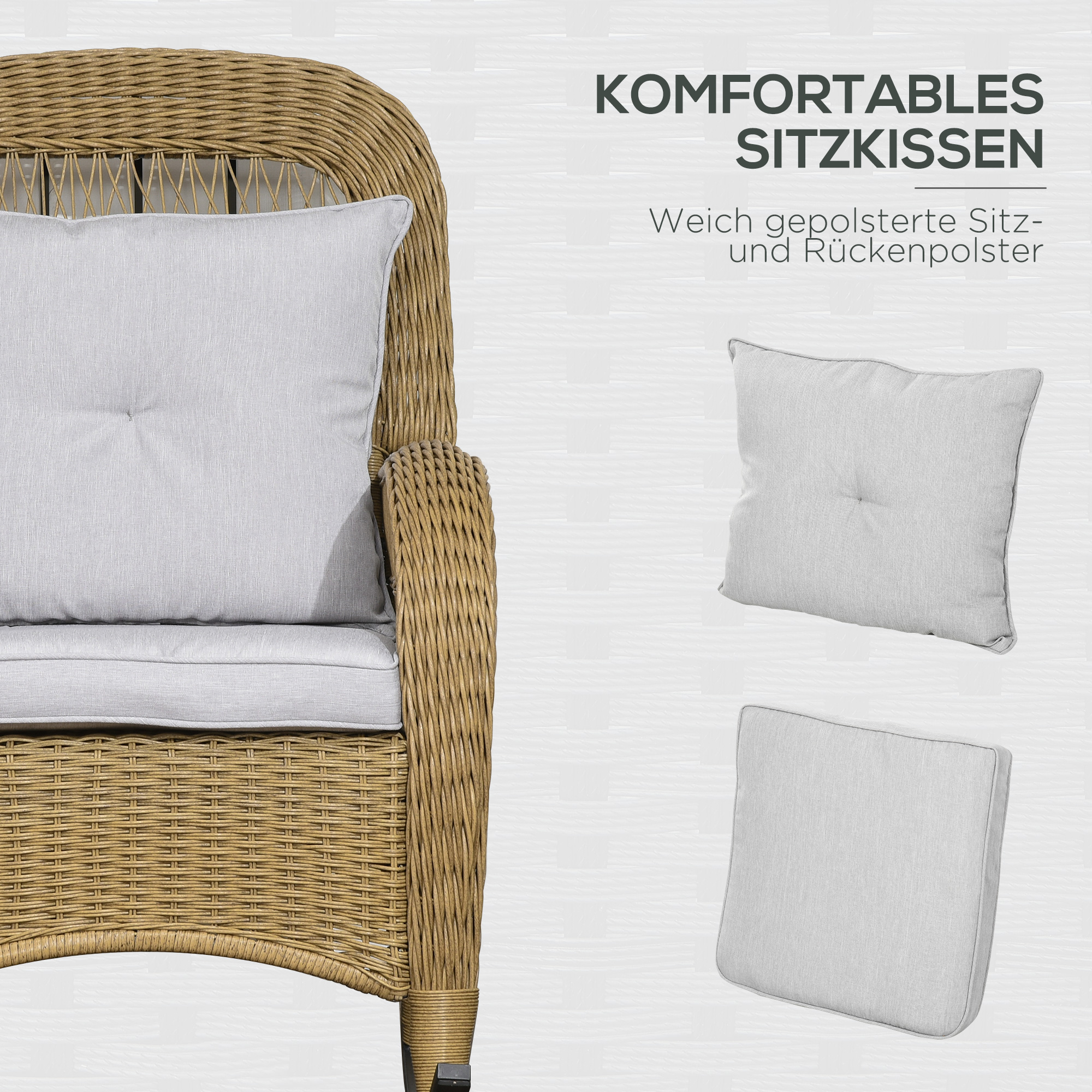 Schaukelstuhl im Boho-Stil, PE-Rattan, Rattan-Schaukelstuhl, waschbare Polsterbezüge, Natur + Hellgrau