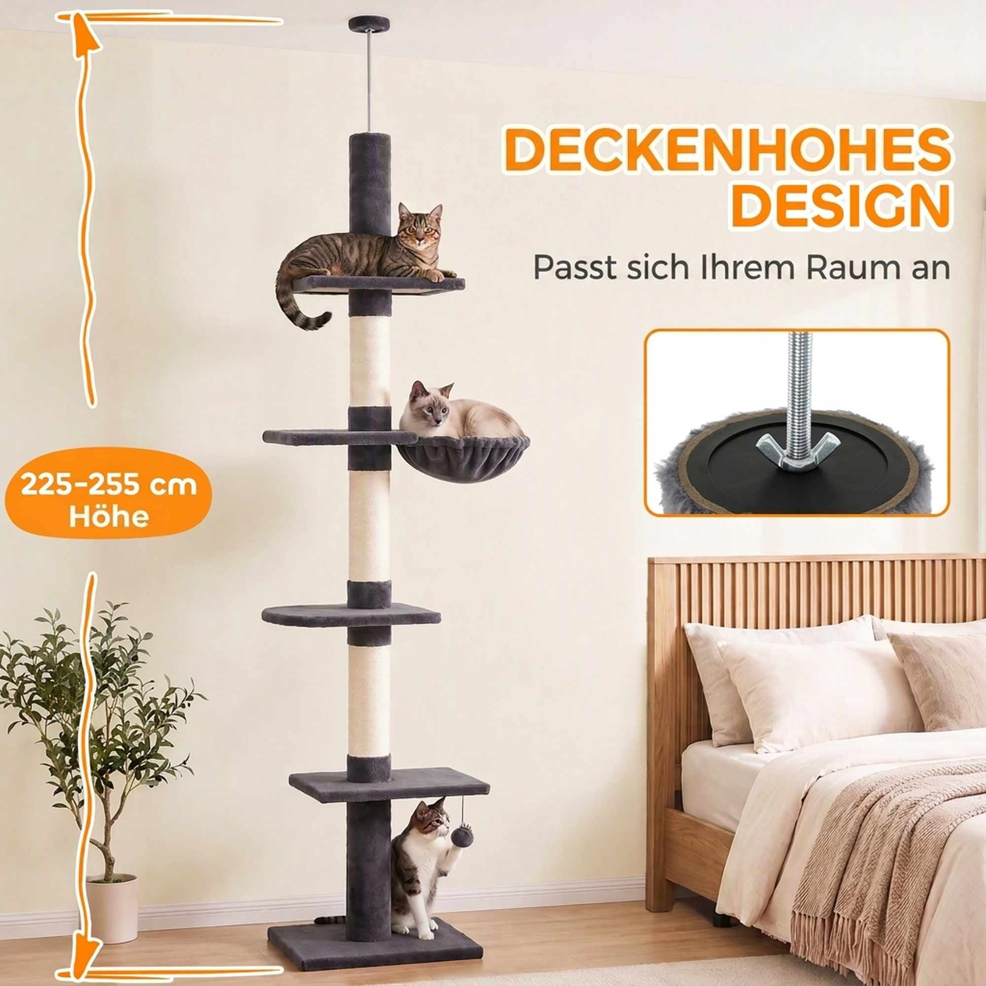 Kratzbaum Deckenhoch 225-255 cm höhenverstellbar Katzenbaum mit 5 Etagen 3 Sisal-Kratzstämmen, Hängematte, Plattformen