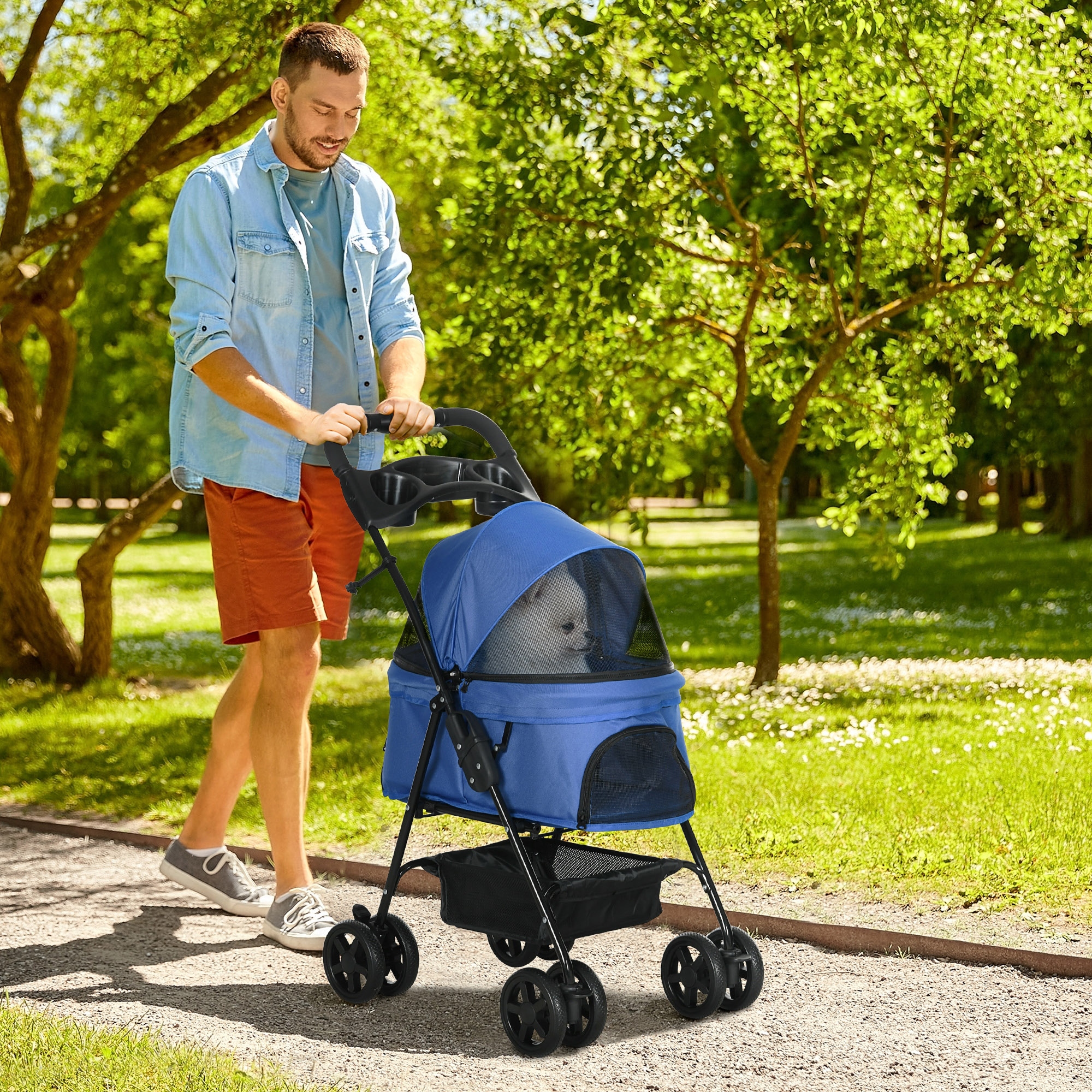 Hundebuggy Hundewagen bis 4 kg Klappbar Netzfenster Bodenkorb Becherhalter abnehmbares Dach blau 67 x 45 x 96 cm