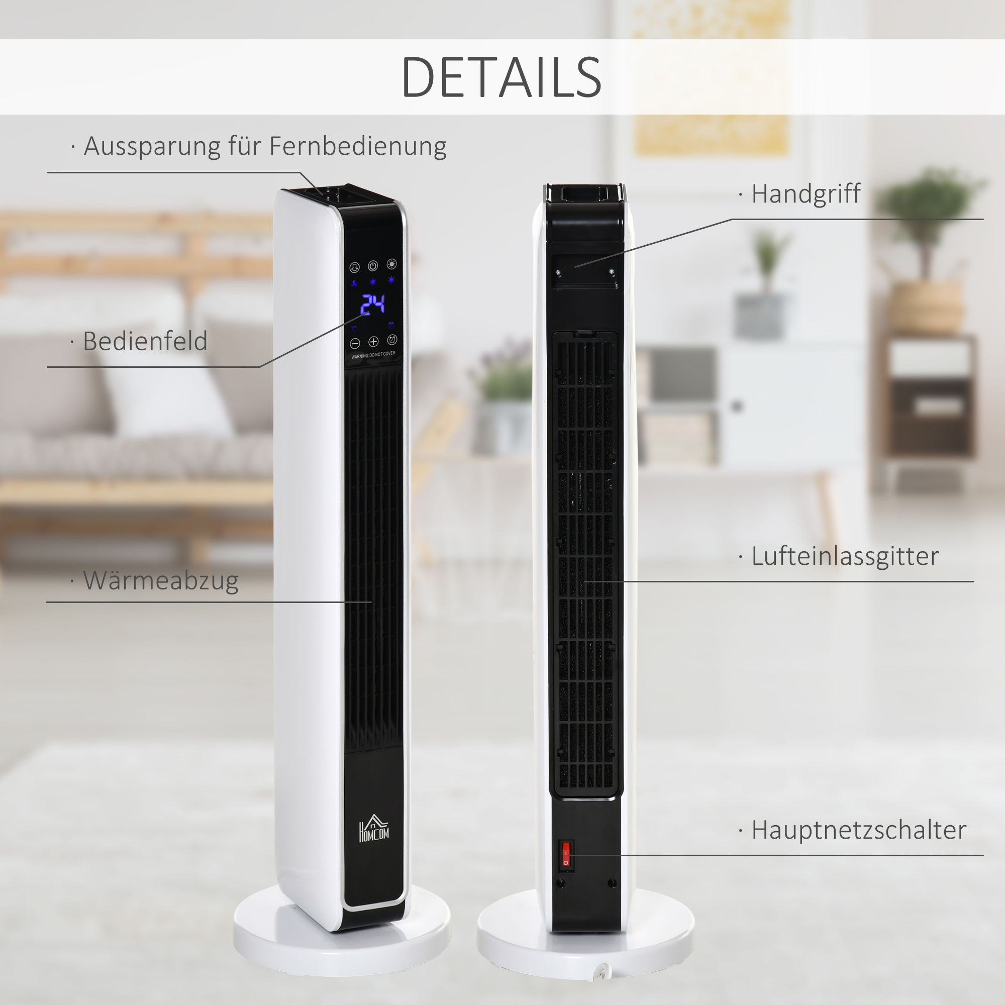 Heizgerät Heizlüfter 2200W Elektroheizer Keramik Heizturm mit Fernbedienung 8-Stunden-Timer Oszillation Heizer Heizung ABS PA Weiß+Schwarz 21 x 21 x 73 cm