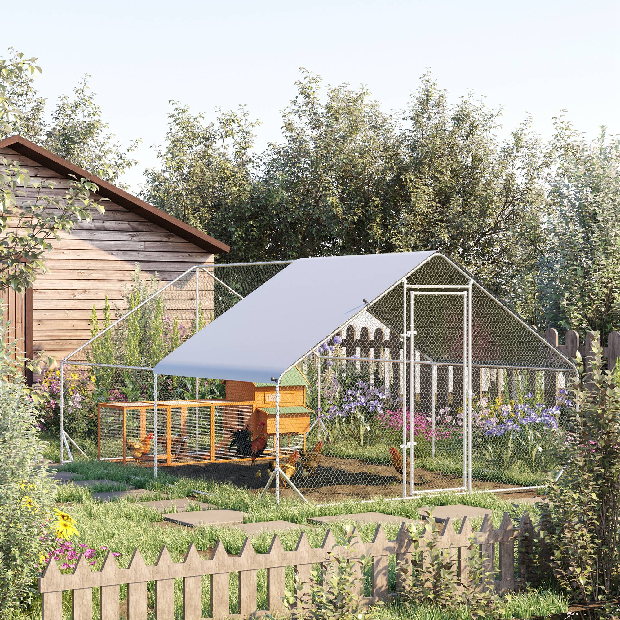 Hühnerstall, Freilaufgehege, Geflügelstall mit Schattendach, Freigehege für 4-6 Hühner, Enten Kaninchen, 3 x 2 x 2 m