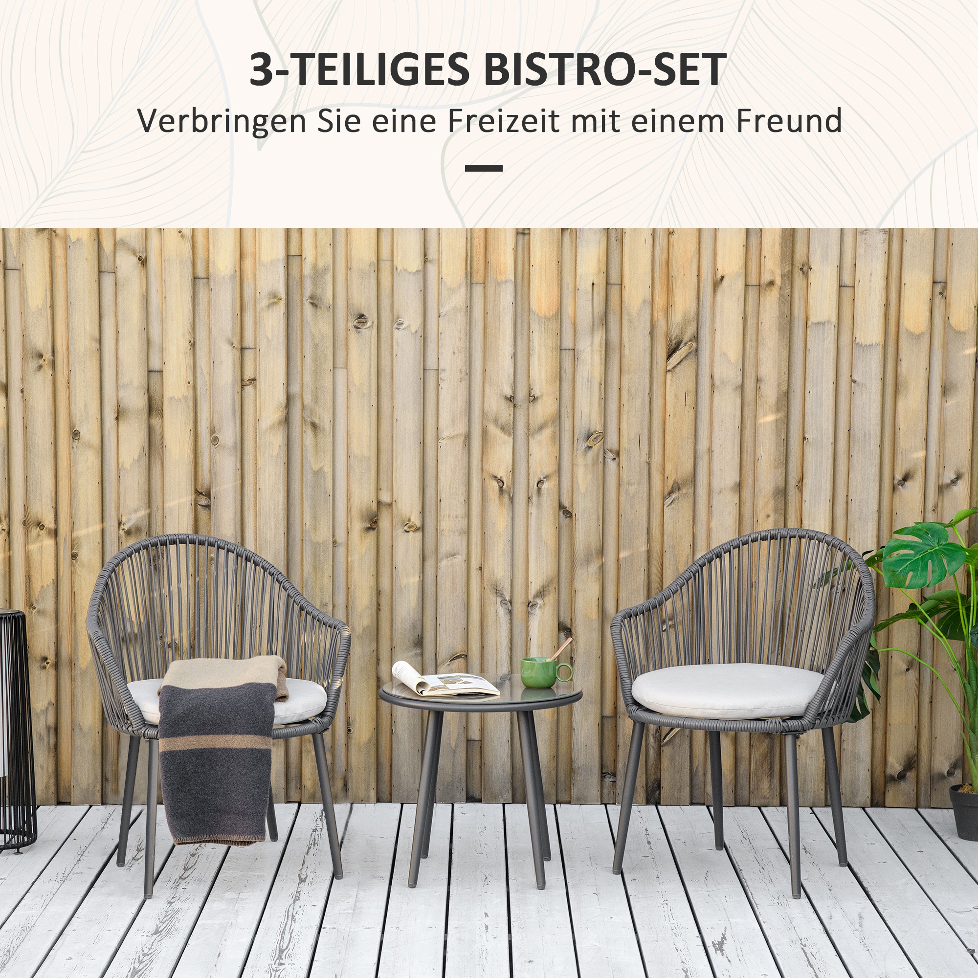 Bistro-Set Rattan-Sofa-Set Terrassen-Set, 2 Stühle, 1 Tisch, wetterbeständig, 65 x 63 x 80 cm, Dunkelgrau + Hellgrau