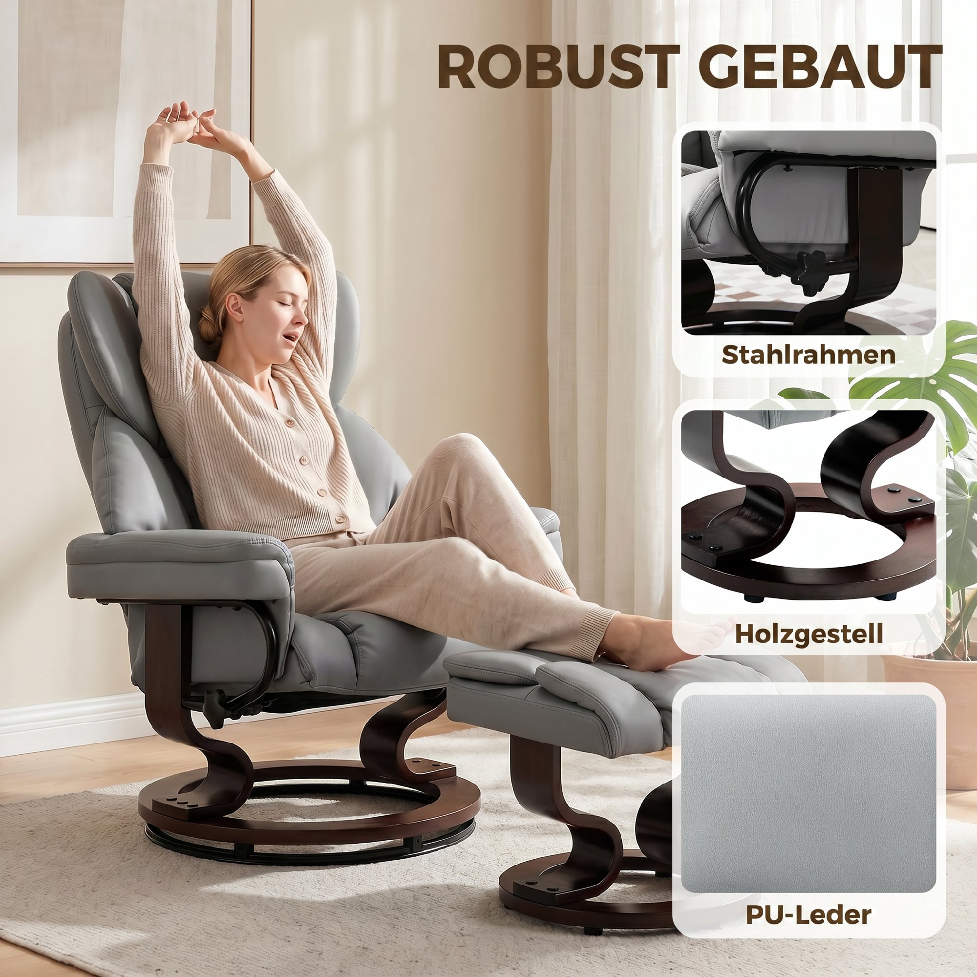 Drehbarer Relaxsessel mit Fußhocker, hohe Rückenlehne, hochdichter Schaumstoff, Holzfuß, hellgrau