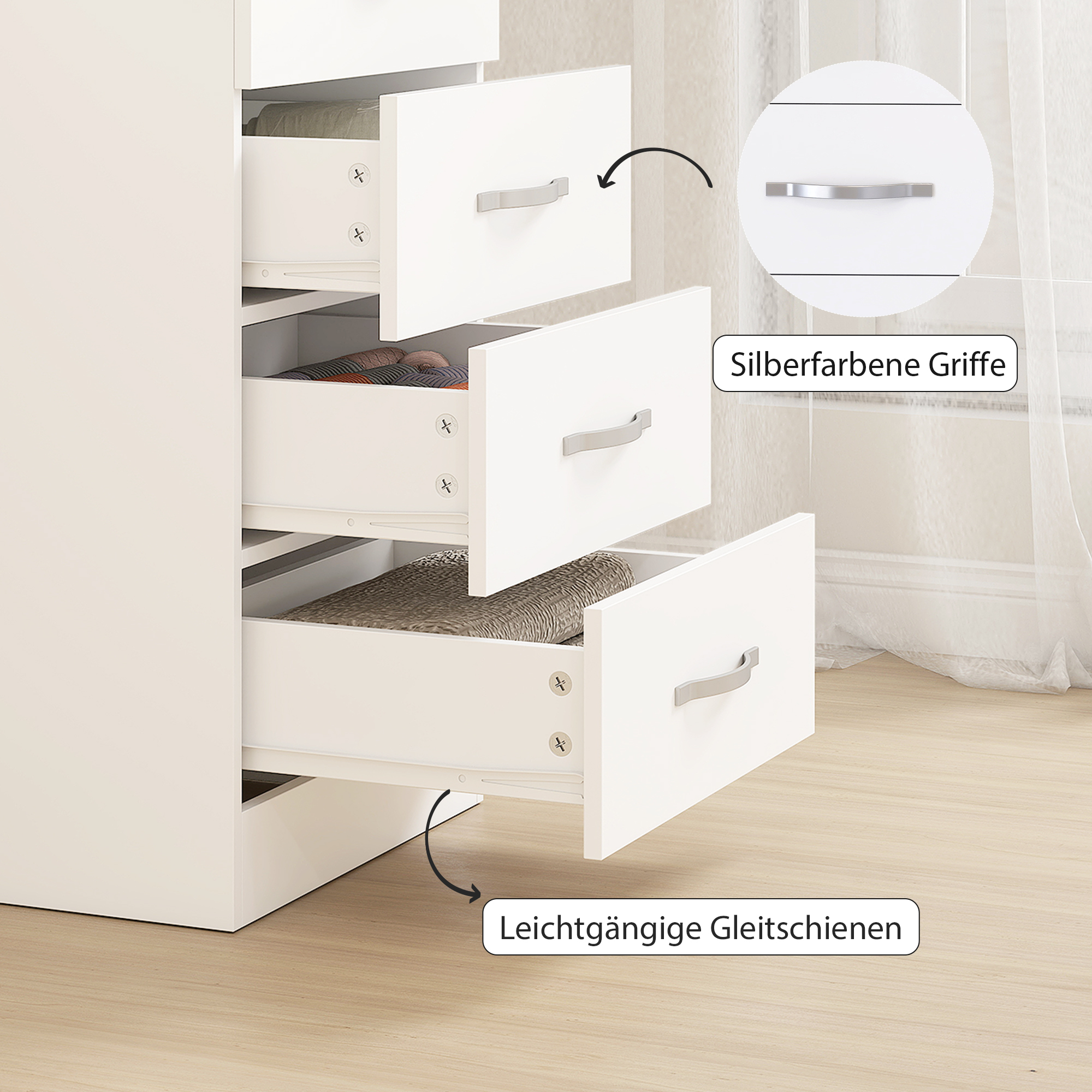 Kommode mit 5 Schubladen, Schubladenschrank für Kleidung und Utensilien, Spanplatte, Weiß