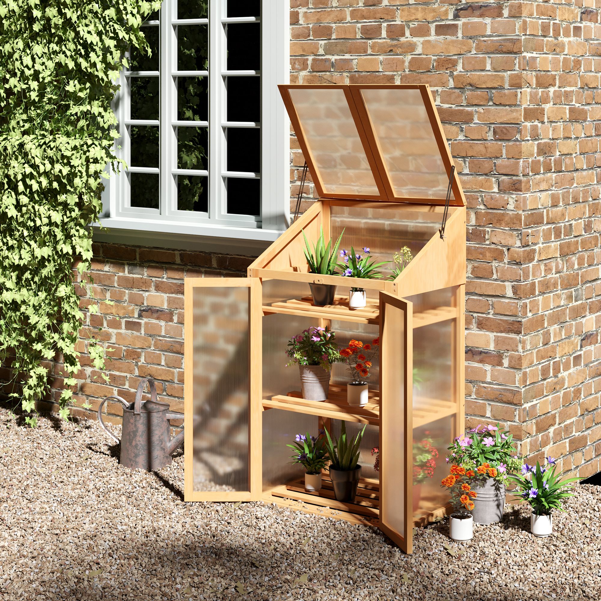 Mini-Gewächshaus, kleines Treibhaus mit Holzrahmen, Fenster und Doppeltür, 3 Regale, 70L x 50B x 120H cm, Braun