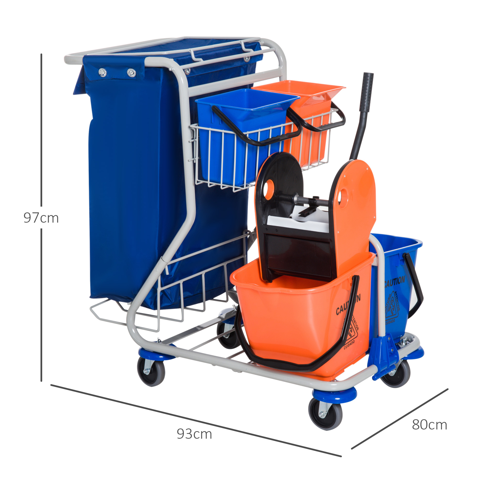 Putzwagen Reinigungswagen mit 2 x 18L & 2 x 6L Eimern Wischwagen Haushaltswagen mit Mopp-Presse, Aufbewahrungskorb, Blau Orange 93 x 80 x 97 cm