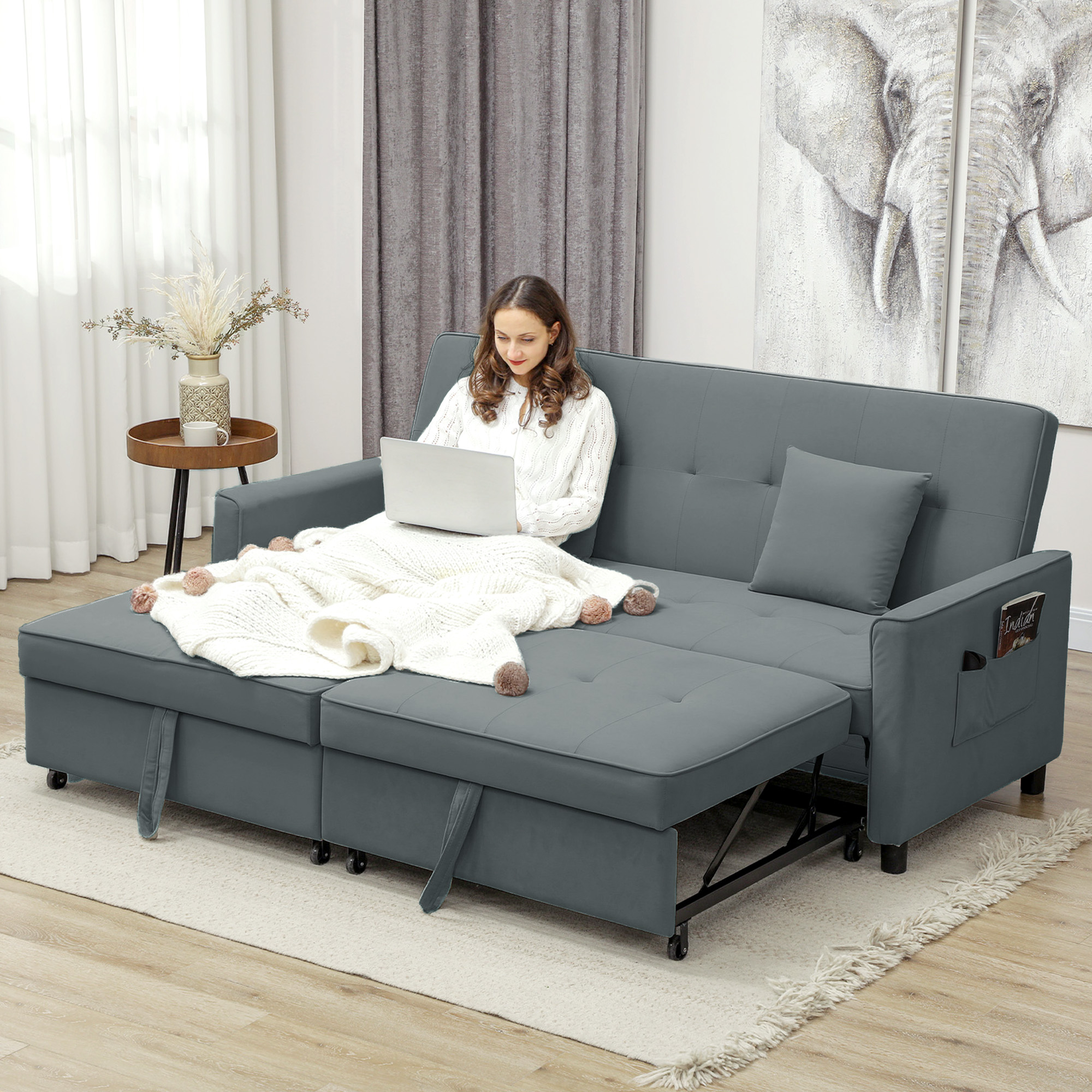 Sofabett, verstellbare 3-Sitzer-Couch mit Bettfunktion, Schlafsofa mit ausziehbarem Bett, Kissen, Grau