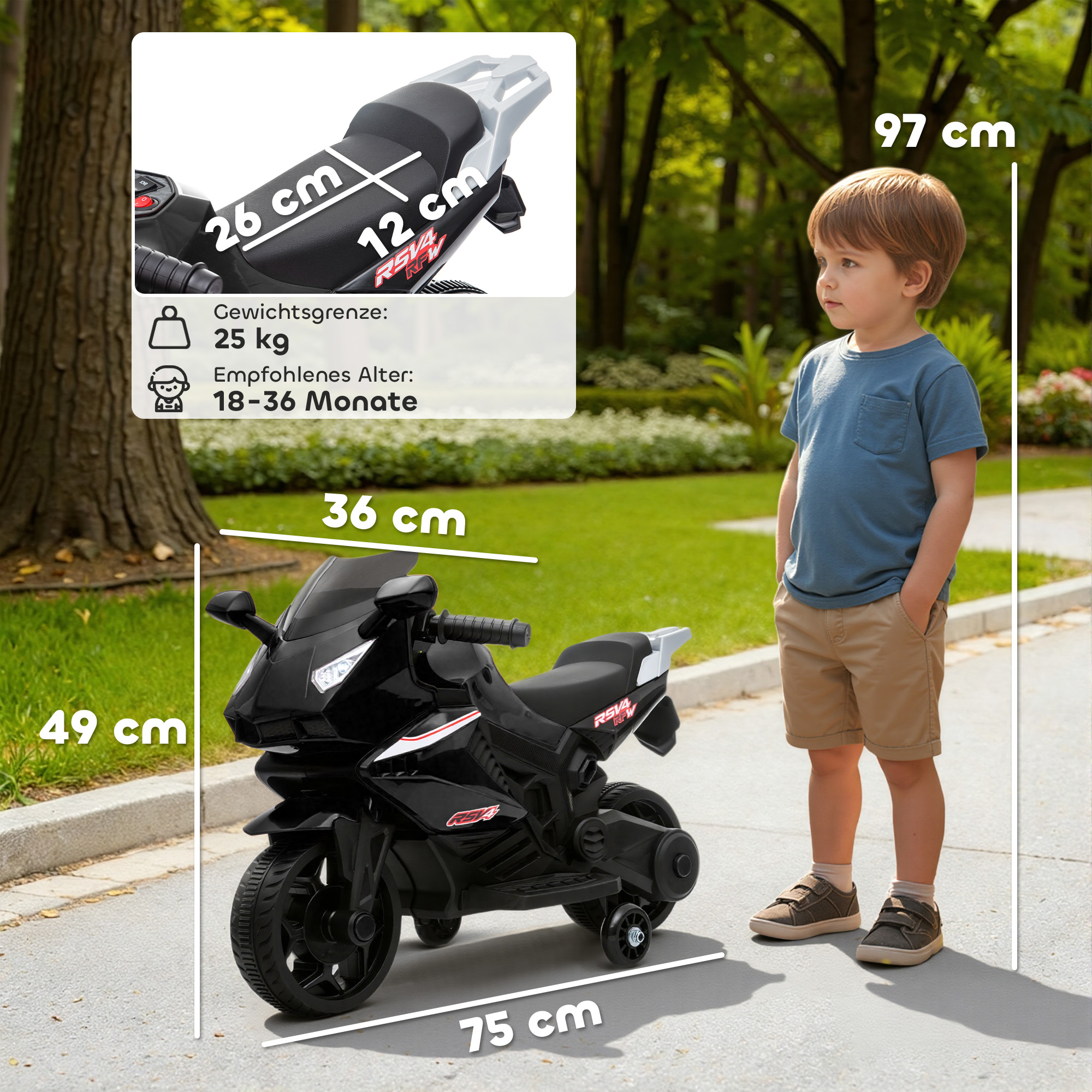 Elektro-Motorrad für Kinder, Hupe, Scheinwerfer, Musikfunktion, 2,5 km/h, Schwarz