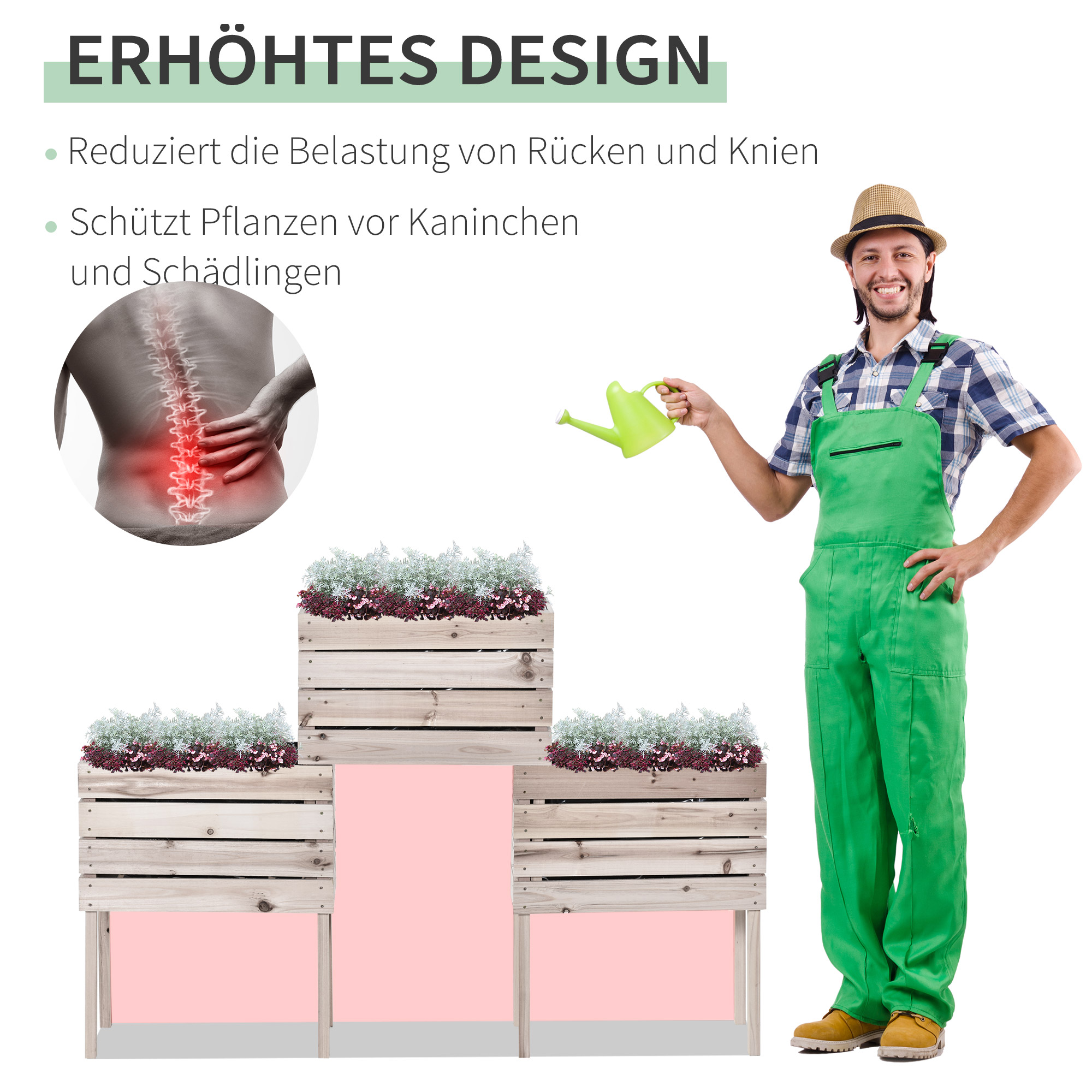 Hochbeet Blumenkasten Pflanzenkasten, wetterbeständig, Massivholz, 50 cm x 30 cm x 60 cm, Natur