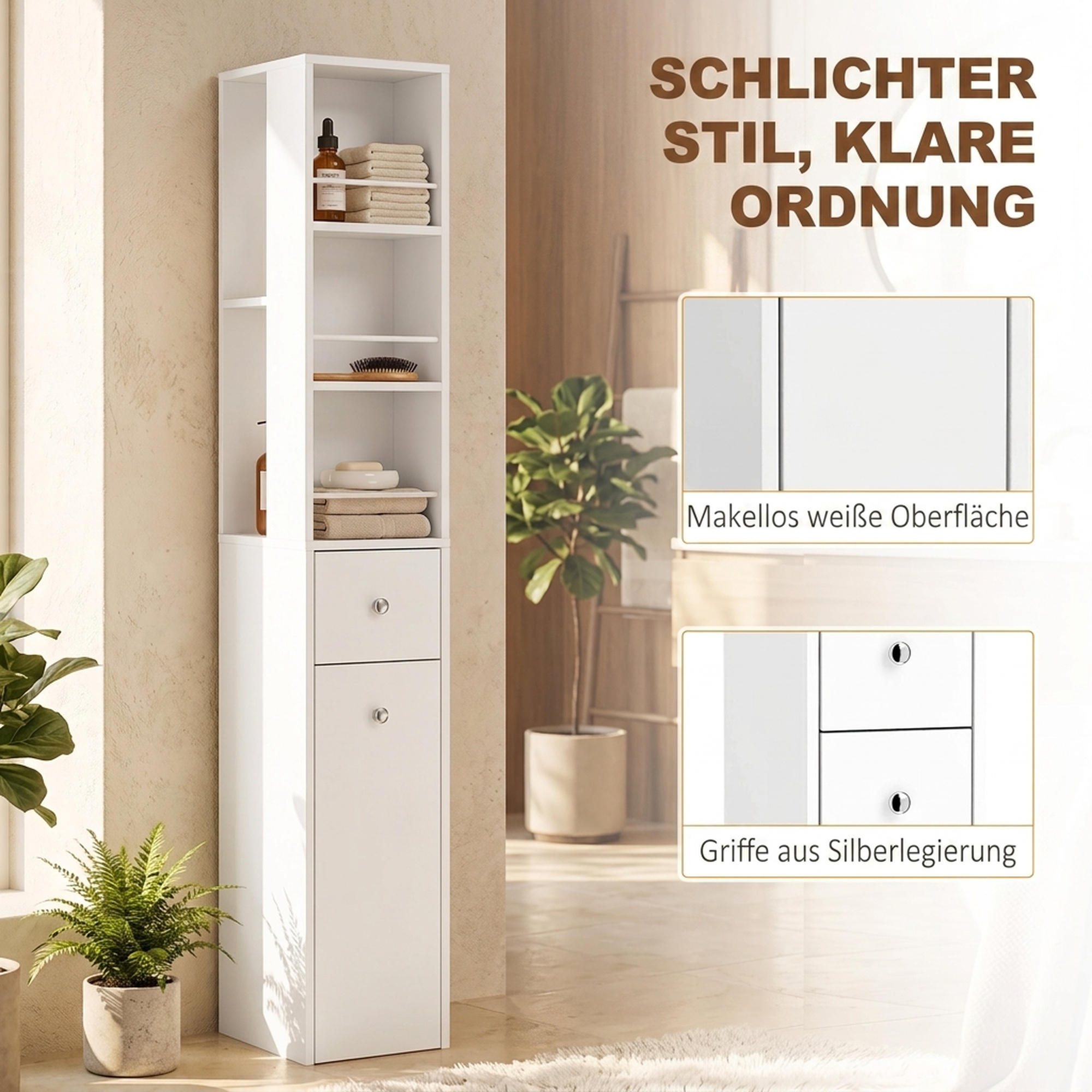 Schmaler hoher Badezimmerschrank, 135 cm Badschrank mit 2 Schubladen, weiß