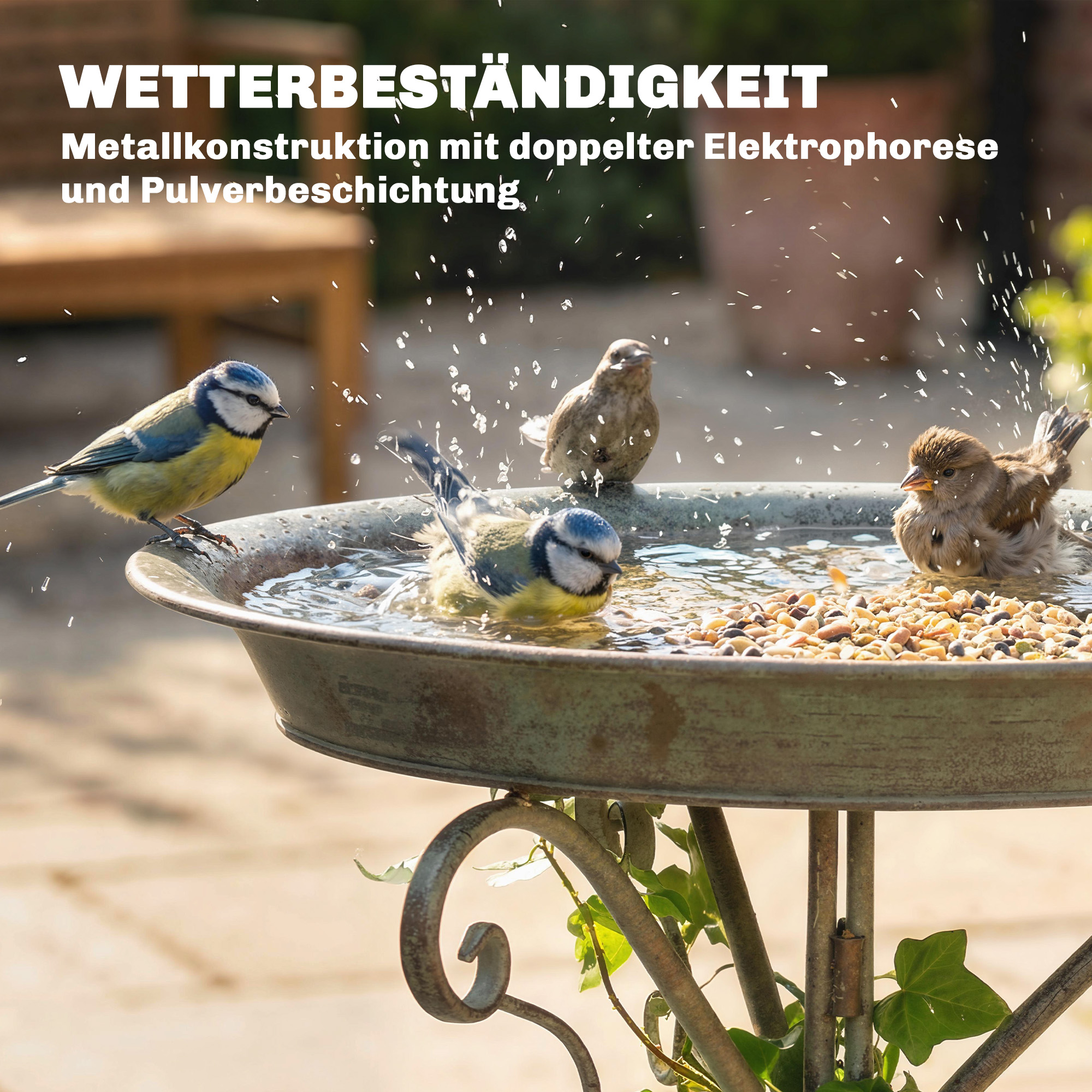 Vogelbad mit Vogelstatue und dekorativem Standfuß, Vintage Garten Vogelbad Schale Sockel, Grün