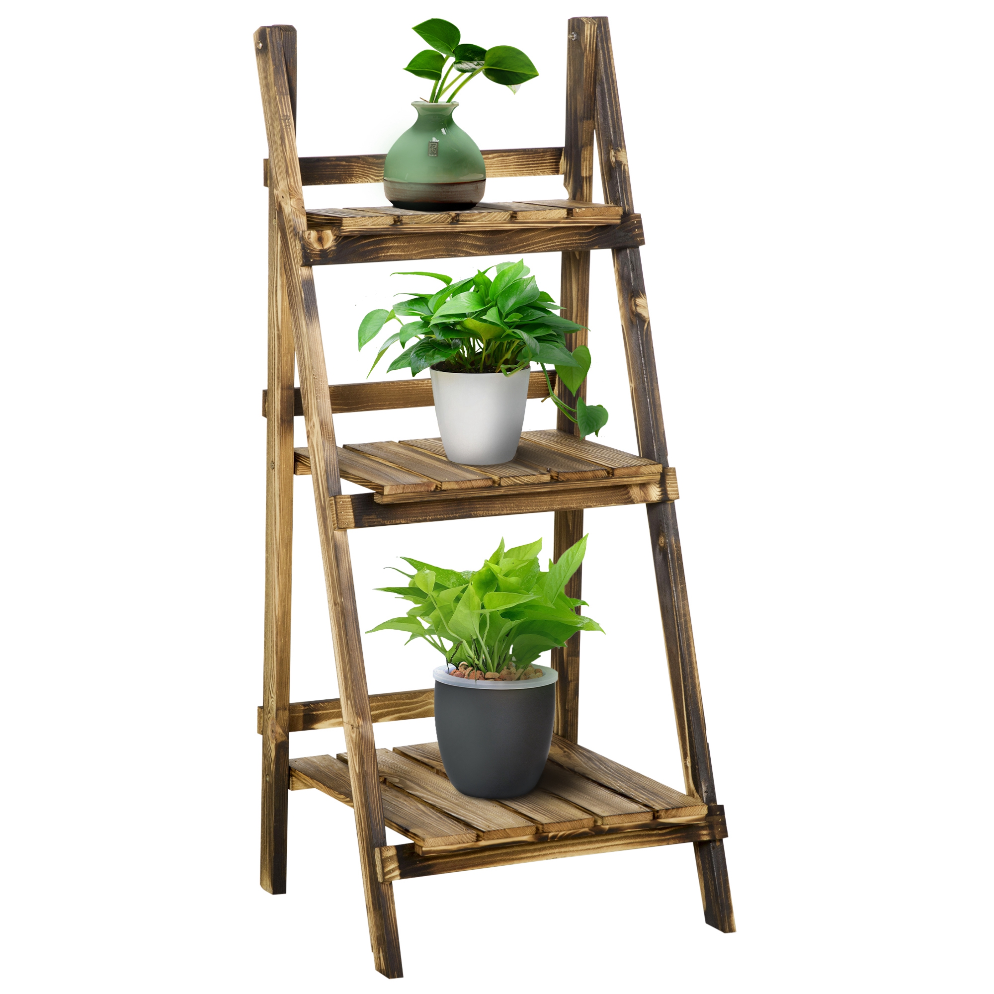 3-Etagen Pflanzenständer, klappbarer 93 cm hoch Blumenständer für Innen Außen, Pflanzenregal aus Holz, Blumentopfständer mit Tabletts, Blumentreppe für Wohnzimmer, Garten Balkon, Dunkelbraun