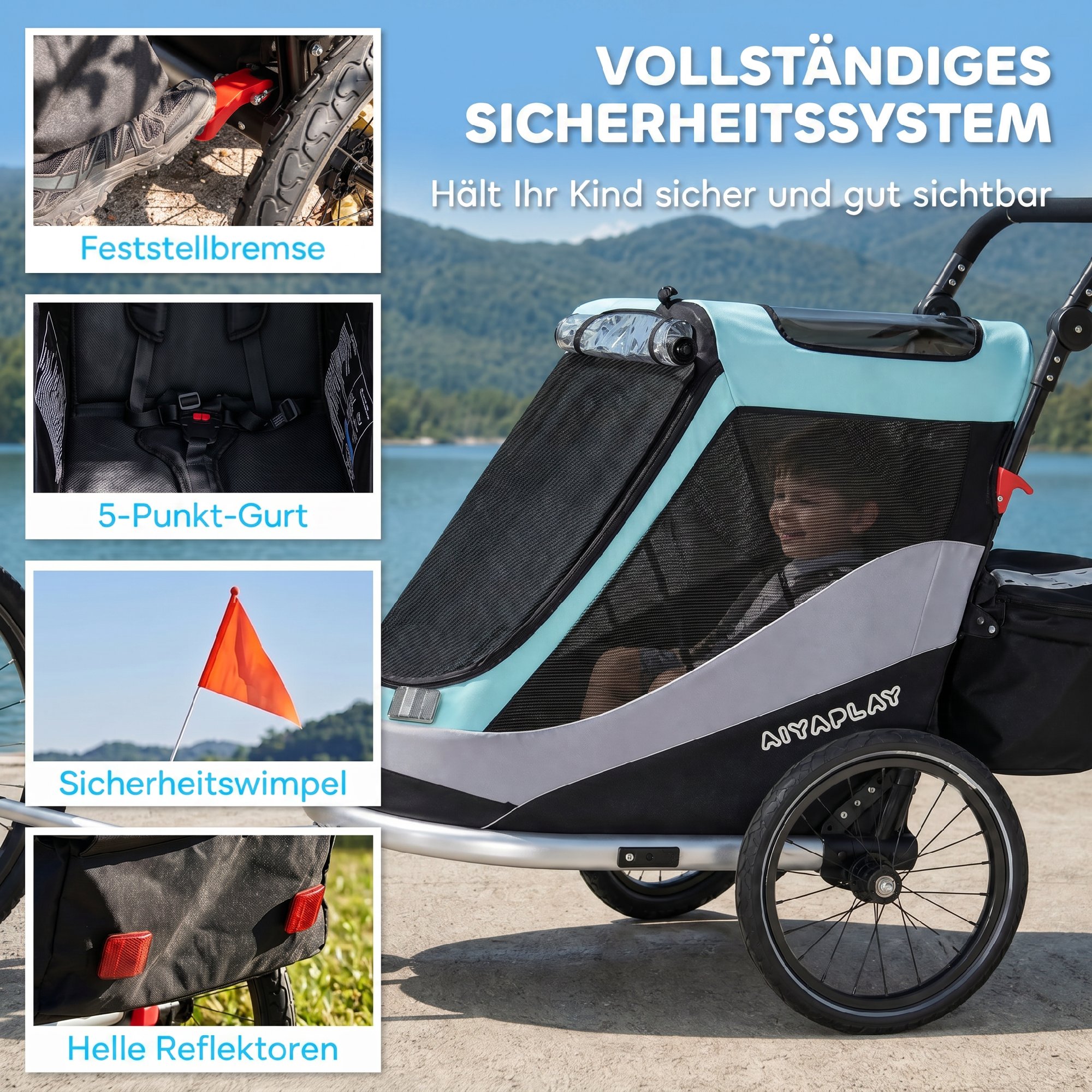 2 in 1 Fahrradanhänger & Buggy Faltbar Kinderfahrradanhänger mit 5-Punkt Gurt Reflektoren 16-Zoll-Luftreifen Bremse