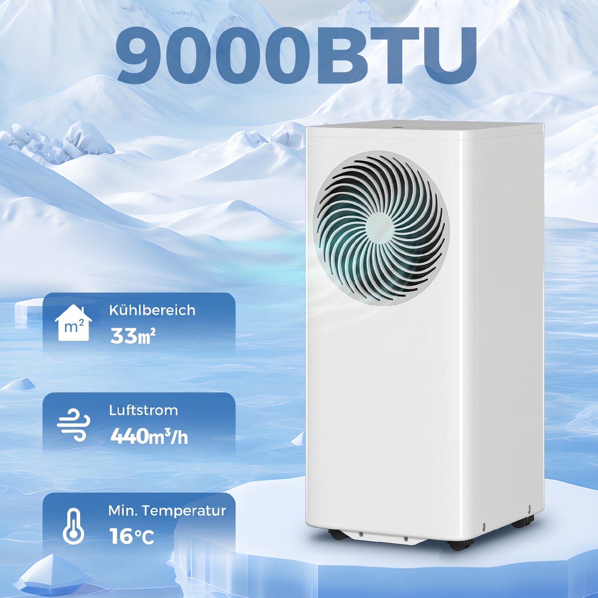 Mobiles Klimagerät 9000 BTU, 4-in-1 Mobile Klimaanlage mit Kühlung, 40 L/Tag Entfeuchter, Ventilator, Schlafmodus