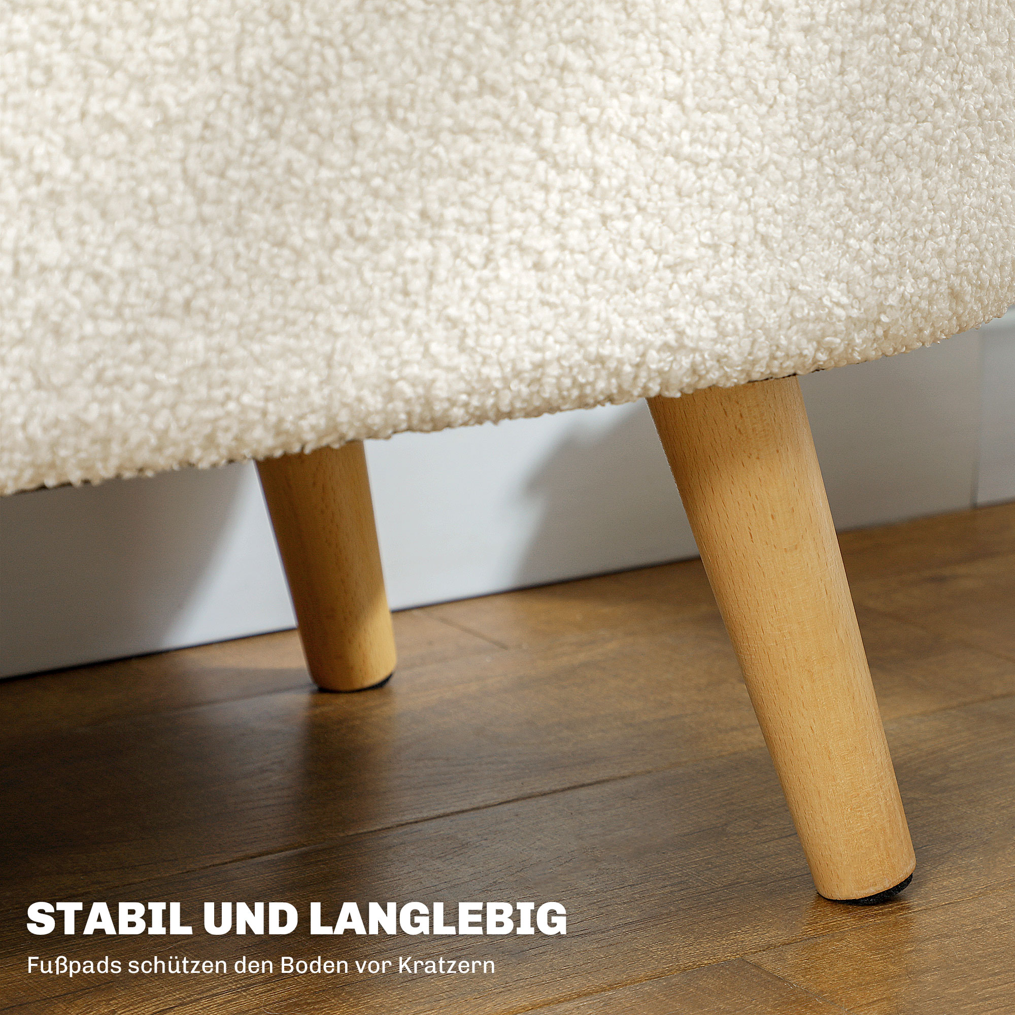 Sitzbank mit Stauraum und Deckel, Fußhocker für Flur, Wohnzimmer, Schlafzimmer, Holz, Stoffbezug, Weiß