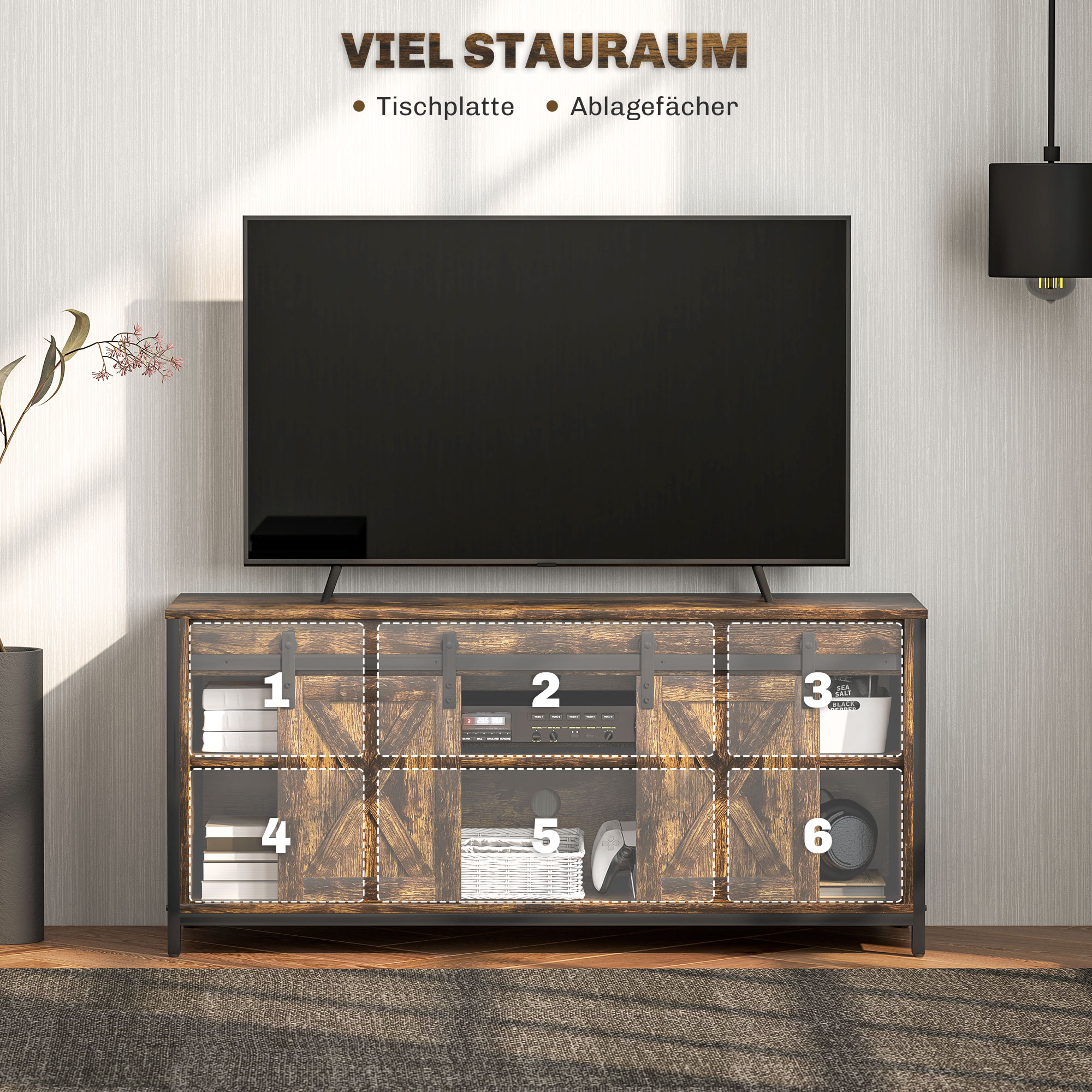 TV Lowboard, Industrial Design, für 60'' TVs, 6 Fächer, 2 Schiebetüren, Braun/Schwarz