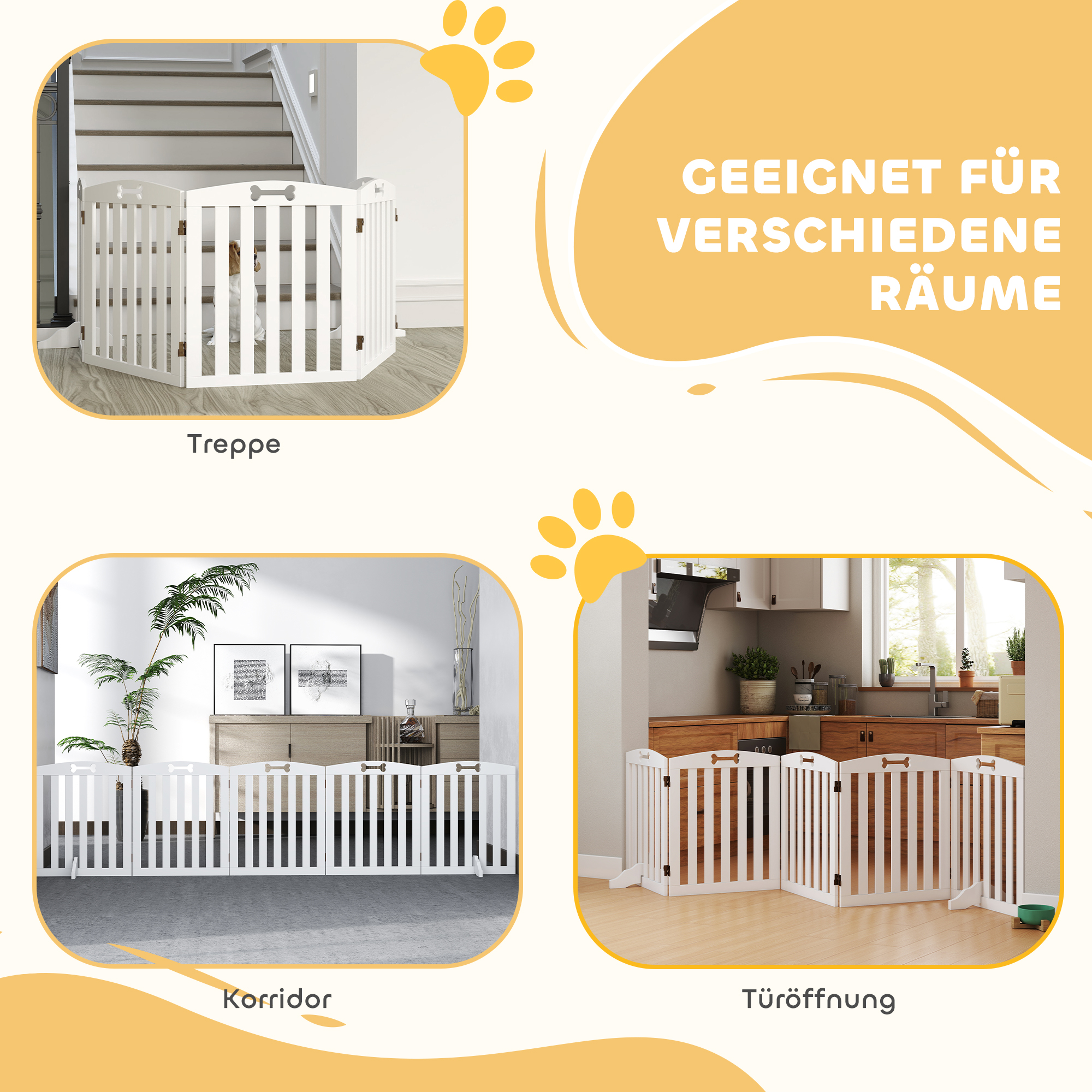 Freistehendes Hundegitter mit Stützfüßen, für Türrahmen, Flur, Treppe, 258 x 30 x 61 cm, Weiß