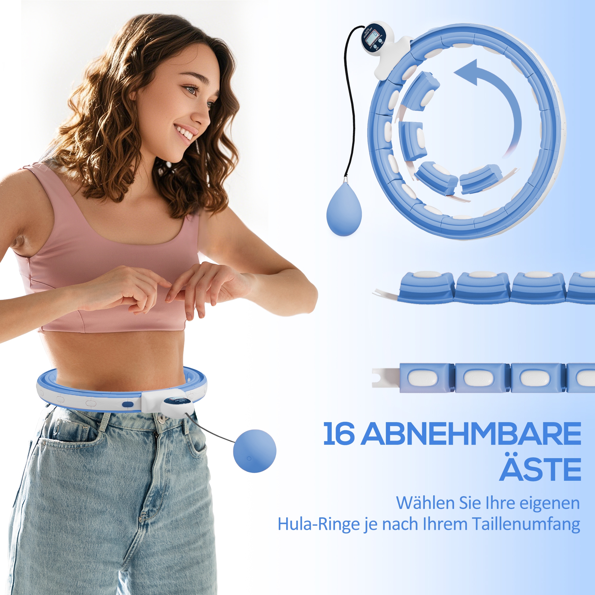 Smart Hula Hoop Reifen Erwachsene mit Gewicht Kugel Zähler 16 Knoten (76-113cm) Hellblau