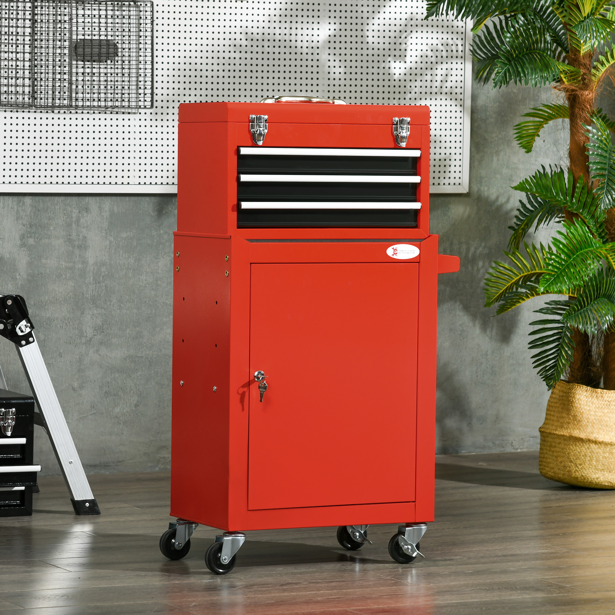 2-in-1 Werkzeugwagen, mobil, 3 Schubladen, Werkzeugtafel, Stahlgehäuse, 46L x 28B x 94H cm, Rot