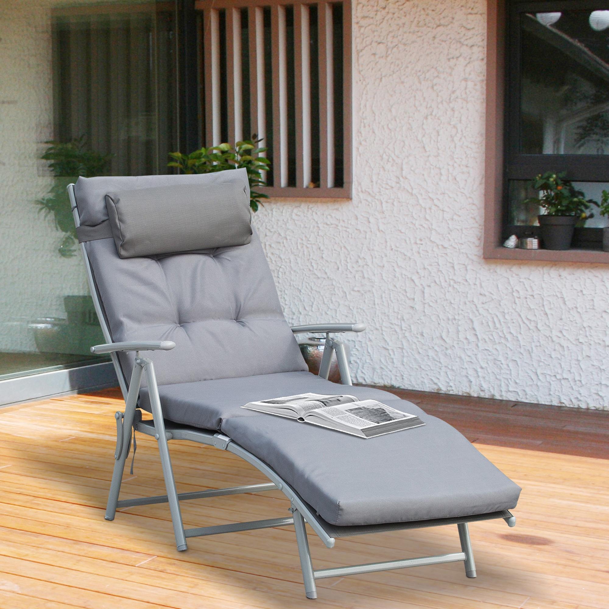 Sonnenliege klappbar Strandliege mit Kopfkissen Sitzkissen Liegestuhl mit 7-Fach verstellbare Rückenlehne Gartenliege Relaxliege bis 165 kg belastbar, für Garten Urlaub Outdoor, Grau