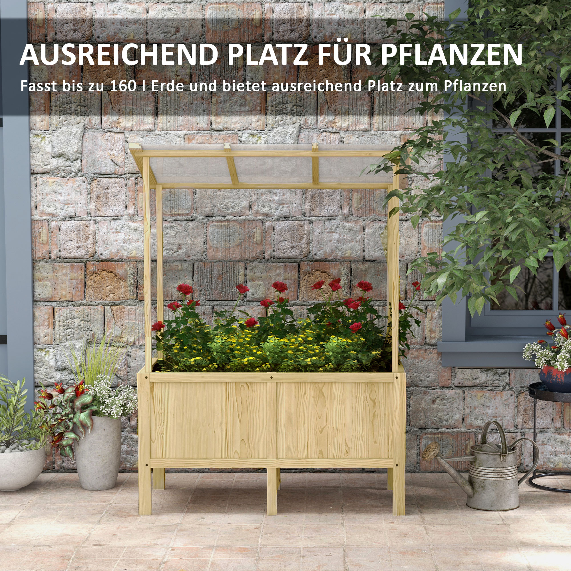 Hochbeet mit Dach, Drainagelöcher, Vliesauskleidung, wetterfest, Tannenholz, 110x60x152 cm