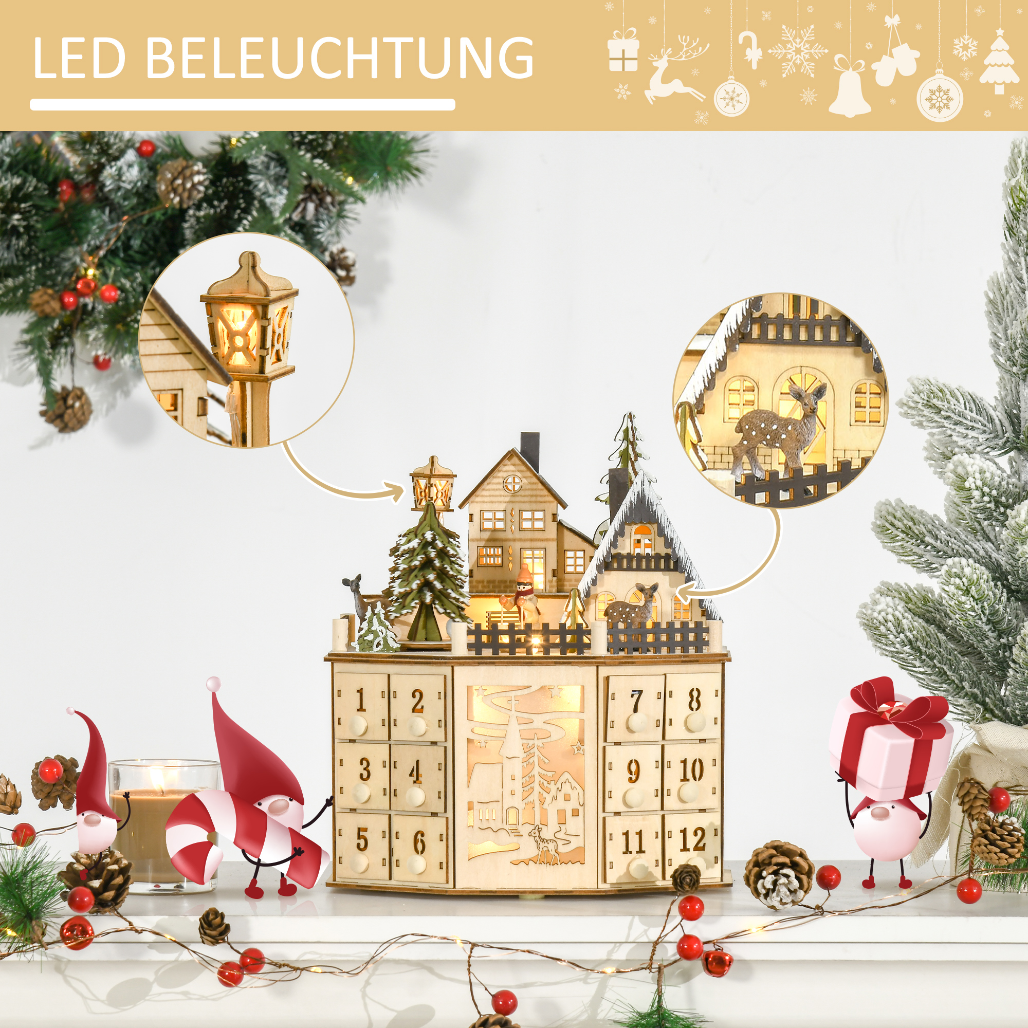 Adventskalender Adventskalenderbox Weihnachtsdekoration, LED-Lichter, 24 Schubladen, Natur