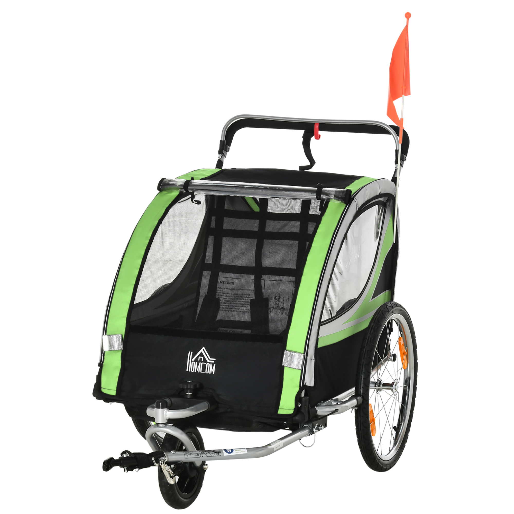 2-in-1 Fahrradanhänger für 2 Kinder, Schiebefunktion, Regenschutz, Bremse, Grün