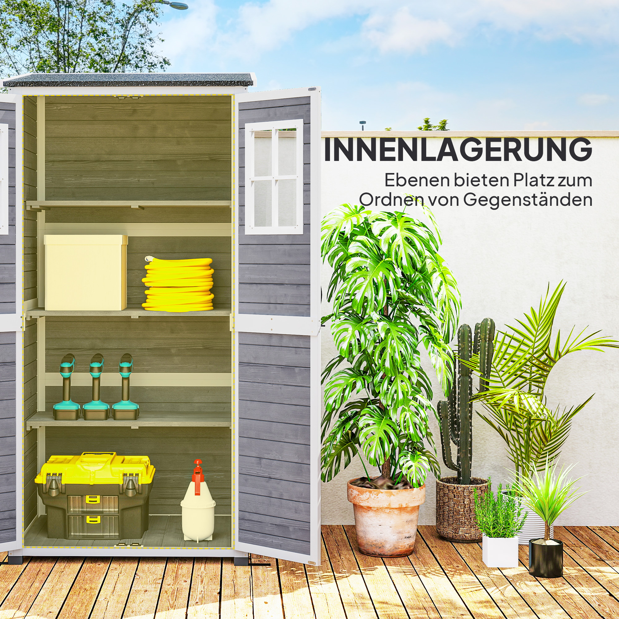 Gartenlagerschuppen, Werkzeugschuppen mit 2 Fenstern, Bodenpfähle, Asphalt-Dach, 91 x 69 x 192 cm, Tannenholz, Hellgrau