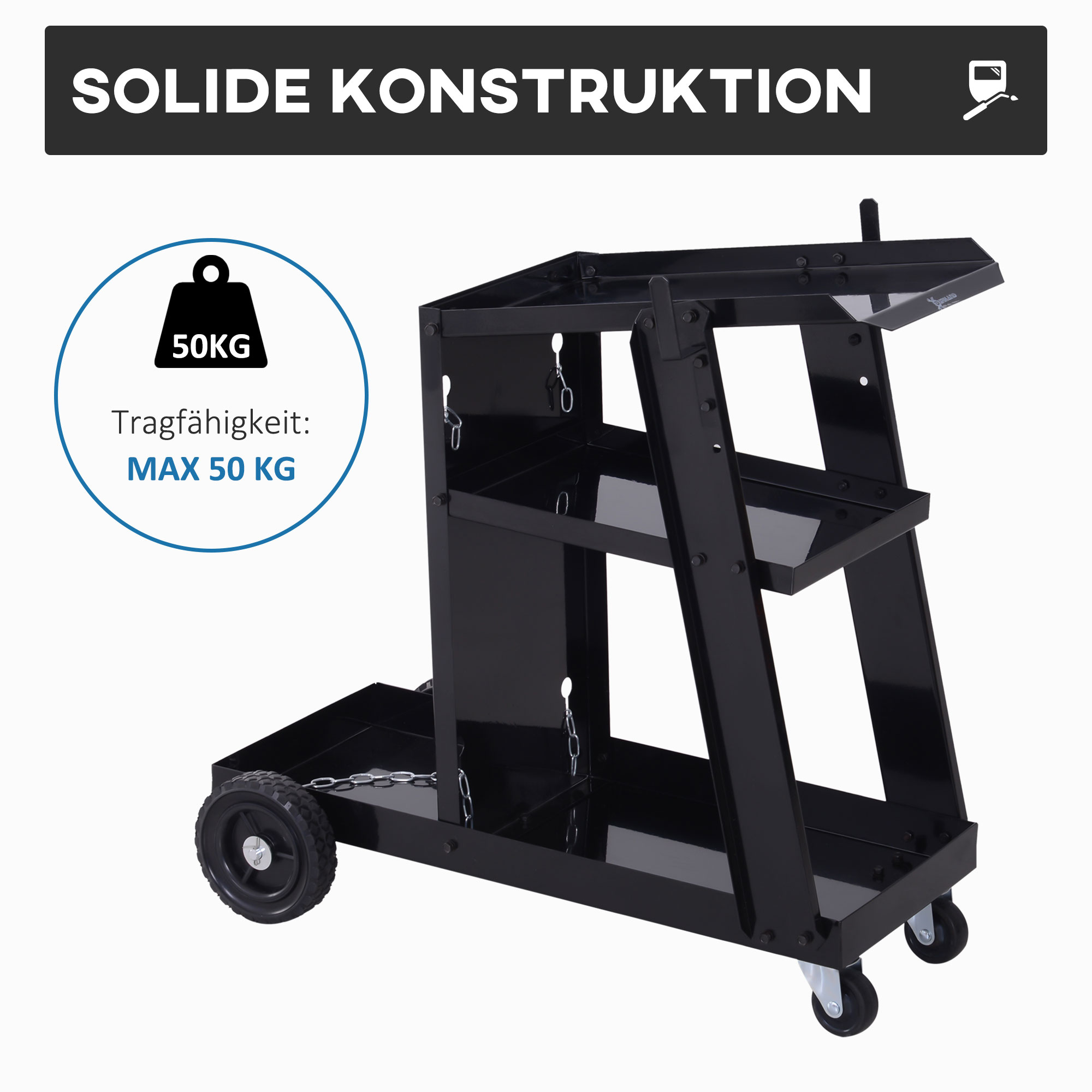 Schweißwagen, 3 Ablagen, Sicherheitskette, 4 Räder, Stahl, 71 x 39 x 70cm, Schwarz