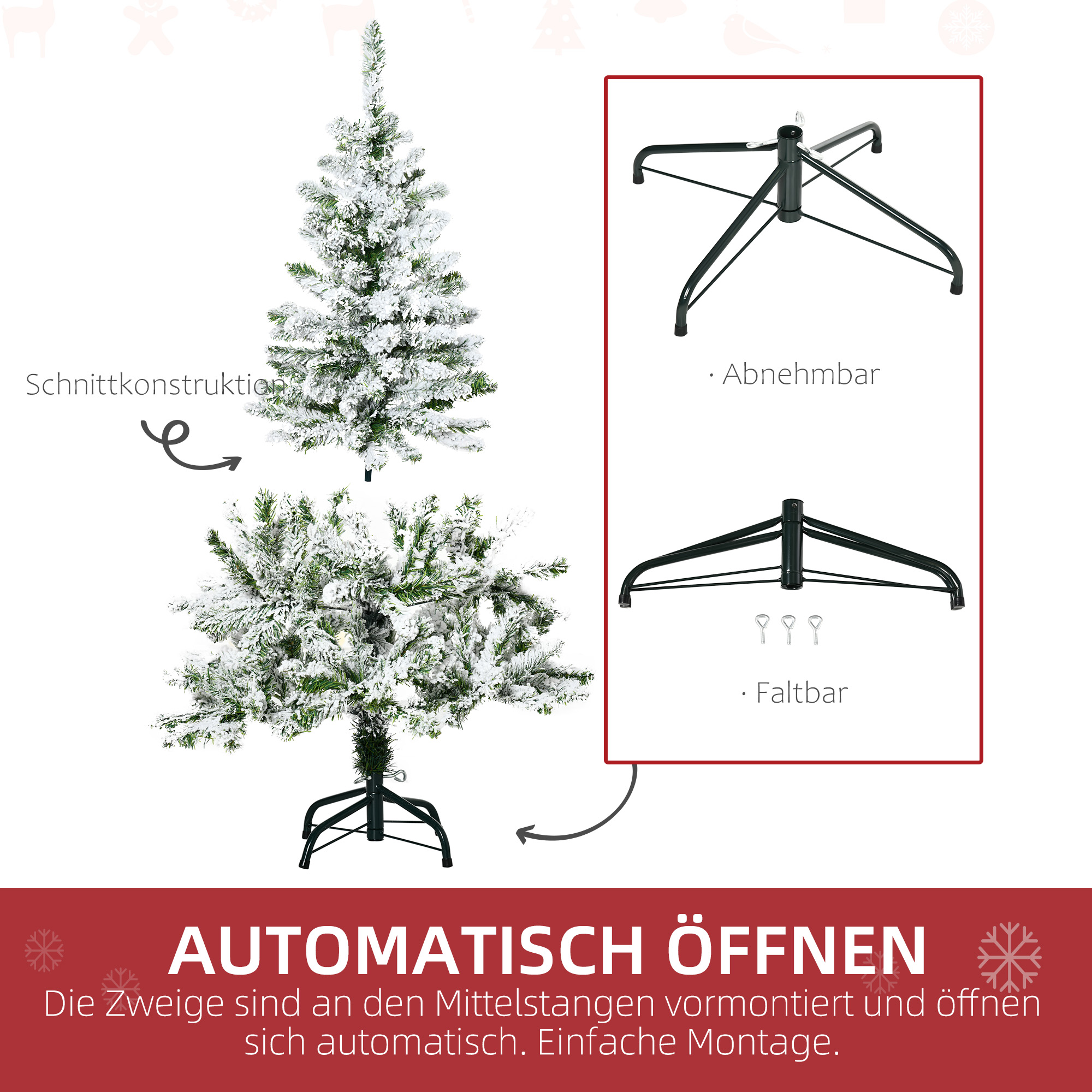 Künstlicher Weihnachtsbaum, Schnee-Effekt, flammenhemmend, Scharnierkonstruktion, Grün/Weiß